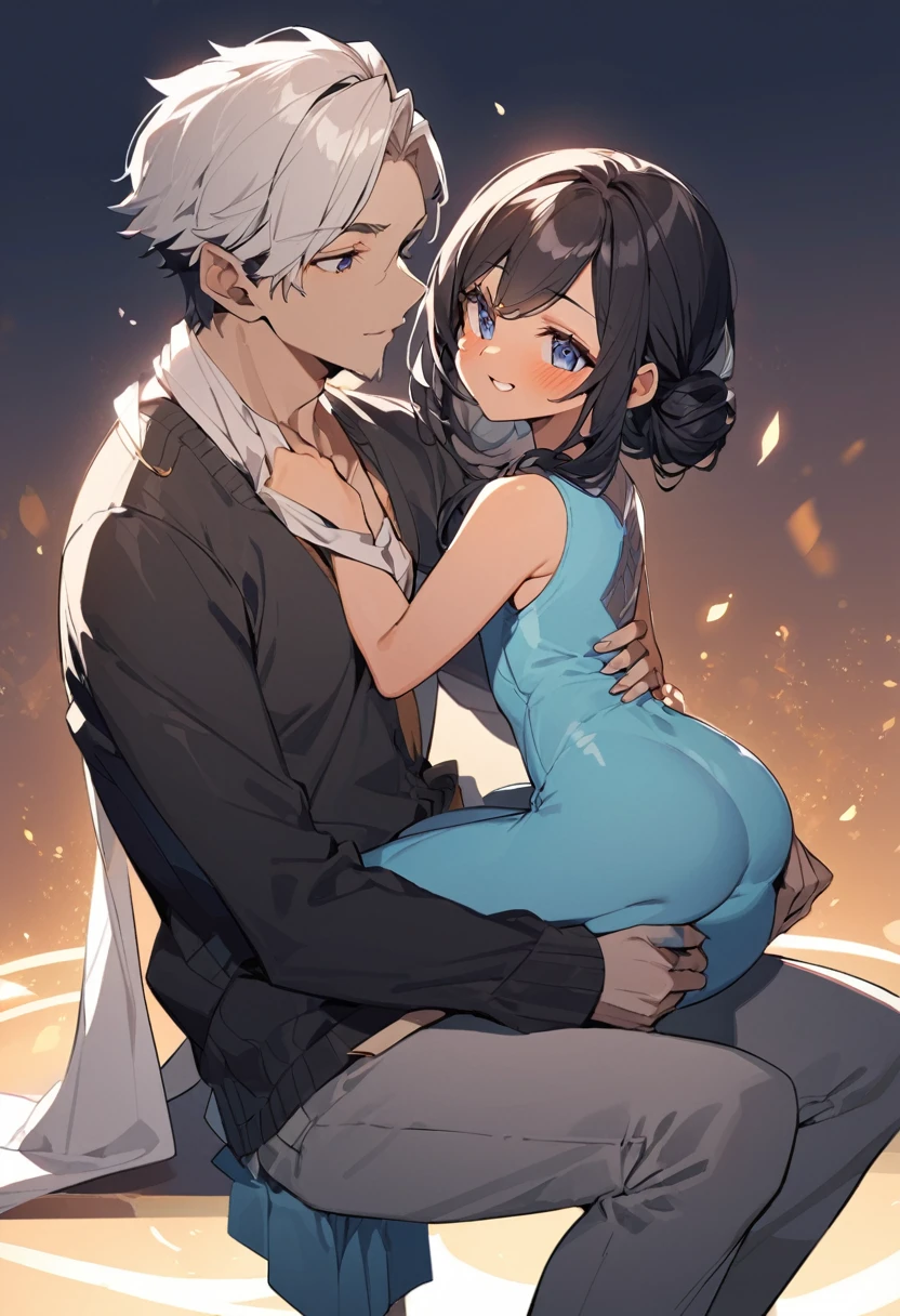 A 35 year old hot Indian women has slim hourglass figure and a 25 year man and woman is sitting on man's lap and the boy was pressing of this woman