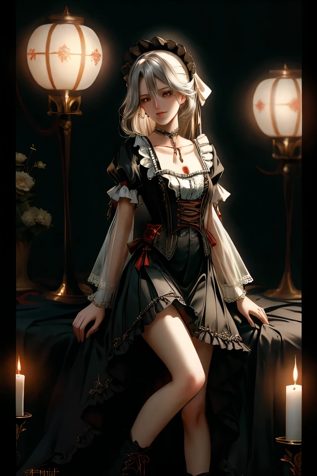  ((best quality)), ((masterpiece)), (detailed), very skinny, prominent collarbones, skinny arms, flat stomach, visible hip bones, red and white clothing, Bloodborne inspired, occult aesthetic, occult, detailed and intricate steampunk and detailed gothic, NSFW, Very dramatic and cinematic lighting, cosmic horror, grim-dark, side-lighting, perfect face, NSFW, Fluttering lace flared long knee length dress with frilly petticoats, knee length dress, pleated petticoats, lolita dress, petticoats gothic lolita, complex lace boots, side-lighting, gothic lolita aesthetic, wielding a mighty sword with mechanical components, carbine, NSFW, beautiful small breasts, small breasts, full body, whole body, body, NSFW, full body, whole body, head-to-toe NSFW 