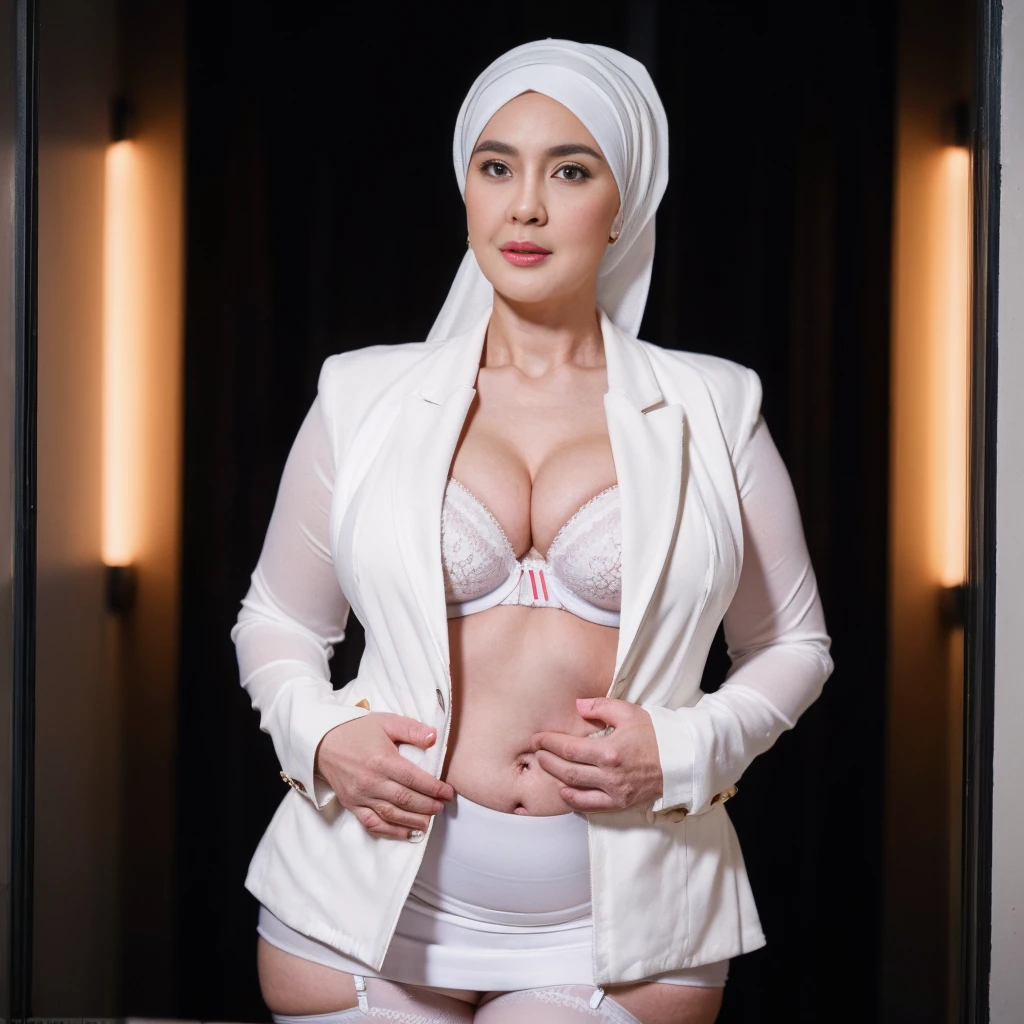 30 years Old, (Sugar Granny), (Sensual Lips), (White Skin), beautiful Hijab Indonesian mature woman, (Massive mature Big  : 1.3), (Blazer, Sport Bra, stockings pants, Mini Skirt), curvy body, (Breast about To burst out from her clothes), at doctor office, Dark light, at Nighttime.