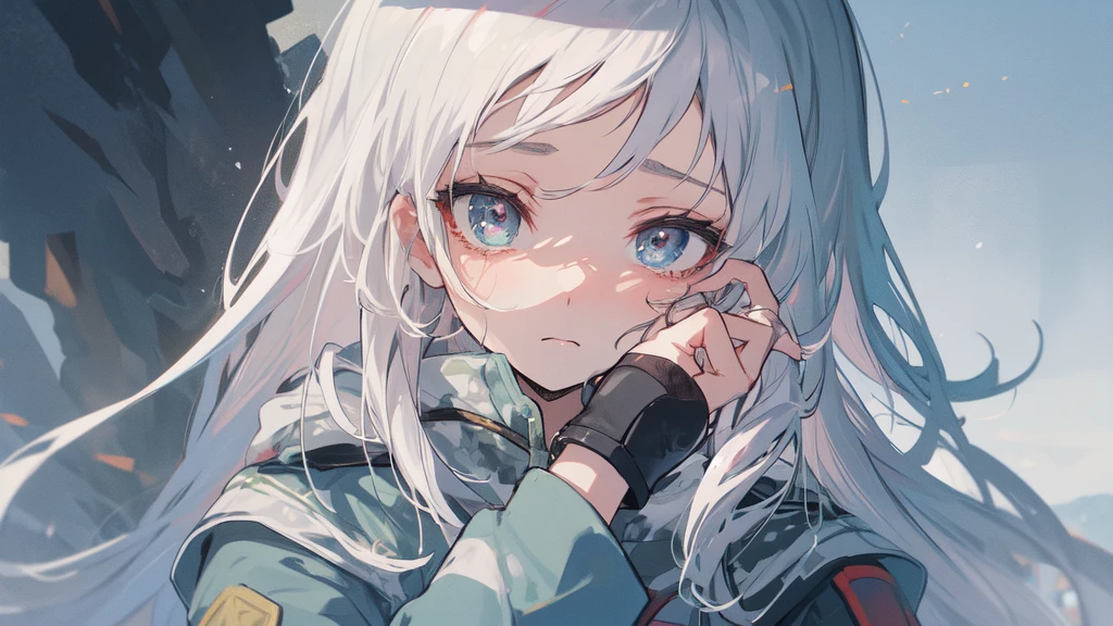 masterpiece:1.2), best quality , 独奏 ,pixiv, anime girl ,long straight white hair , black eyes ,Wearing off-white camouflage uniform ,ten years old,modern battlefield,(Eyes looking into the distance:1.3),(look away:1.5),snowy weather,dirty face,blood on forehead,dirty face,Backlight,Bare rocky peaks ,The expression is sad,leave tears,When the war situation seems to be developing for the better,,A girl wakes up from her deep sleep,She doesn't understand her own life、Not sure about the power in the body,As pure as white paper。At the same time, another soul is sleeping inside the girl's body.,it was an accident,It is also one of the waves that changes the world。Figures are smaller
