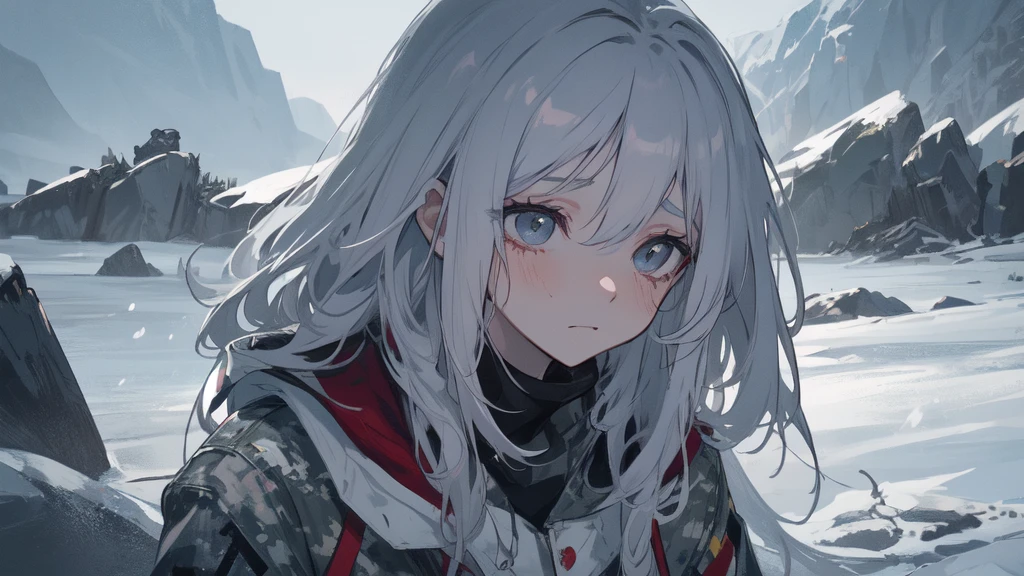 masterpiece:1.2), best quality , 独奏 ,pixiv, anime girl ,long straight white hair , black eyes ,Wearing off-white camouflage uniform ,ten years old,modern battlefield,(Eyes looking into the distance:1.3),(look away:1.5),snowy weather,dirty face,blood on forehead,dirty face,Backlight,Bare rocky peaks ,The expression is sad,leave tears,When the war situation seems to be developing for the better,,A girl wakes up from her deep sleep,She doesn't understand her own life、Not sure about the power in the body,As pure as white paper。At the same time, another soul is sleeping inside the girl's body.,it was an accident,It is also one of the waves that changes the world。Figures are smaller