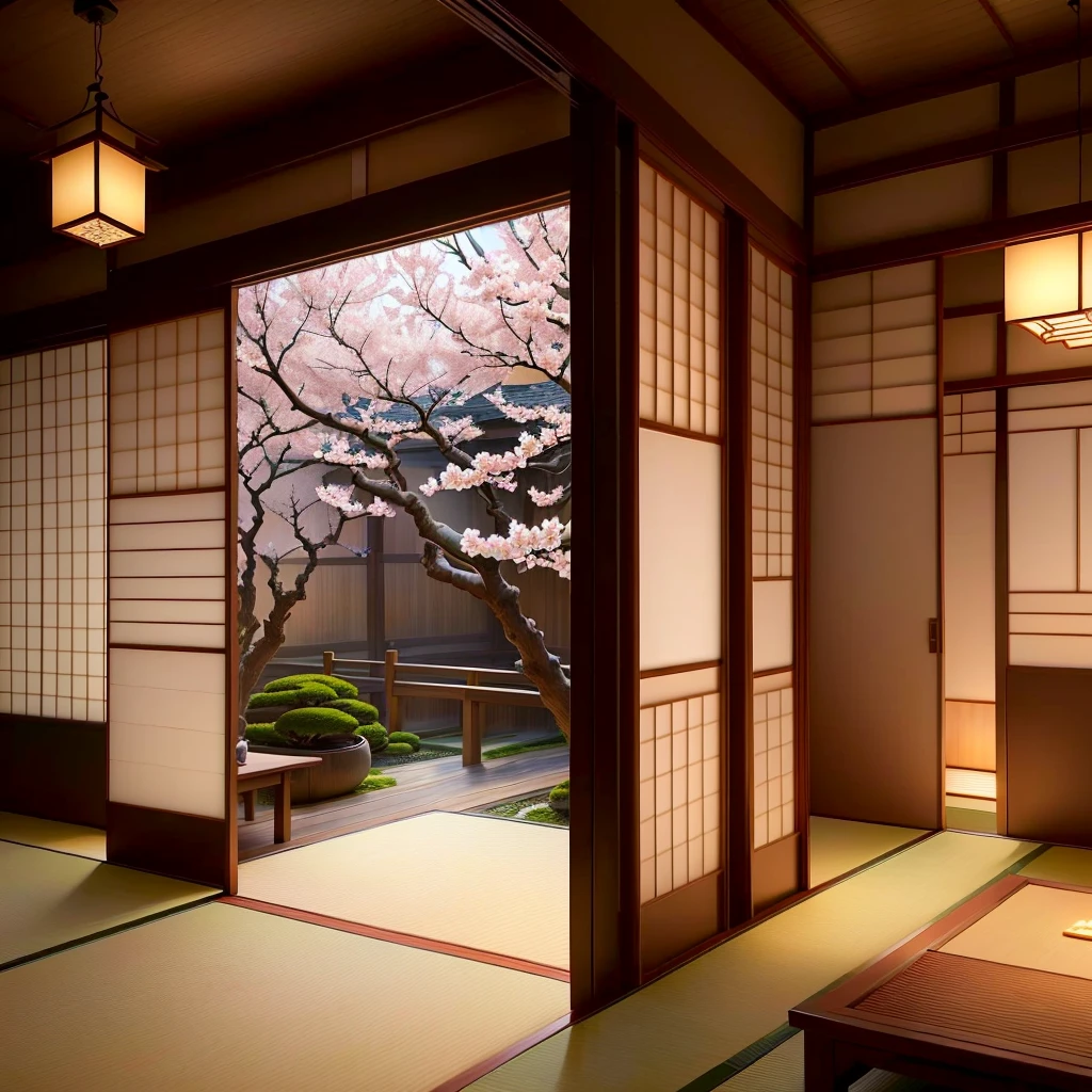 A traditional Japanese living room with detailed interior decoration.
Traditional tatami mats (detailed mats made of straw), shoji screens (intricate sliding doors), and low wooden furniture (exquisite, handcrafted wooden tables and chairs). The room adorned with beautiful and intricate Japanese calligraphy scrolls and delicate porcelain vases filled with elegant cherry blossoms. Soft ambient lighting from traditional lanterns casts a warm glow, creating a peaceful and serene atmosphere. The walls are embellished with delicate hand-painted cherry blossom murals, adding a touch of natural beauty to the space. The room tastefully decorated with traditional Japanese artwork and decorative elements, such as hanging kimonos, origami cranes, and hand-painted fans. The color palette consists of muted earth tones, with a predominant use of natural wood, rice , and soft pastel shades reminiscent of cherry blossoms. The overall ambiance authentic and harmonious, providing a calm and tranquil environment for relaxation and contemplation. (best quality, ultra-detailed, realistic:1.37), traditional Japanese architecture, traditional Japanese craftsmanship, zen atmosphere, peaceful ambiance, cultural aesthetics, minimalist design, natural materials, serene color palette, traditional Japanese tea ceremony, tatami mat flooring, sliding shoji doors, delicate cherry blossom motifs, exquisite porcelain vases, intricate calligraphy scrolls, soft ambient lighting from lanterns, hand-painted cherry blossom murals, traditional Japanese artwork and decorative elements, muted earth tones, natural wood, rice , pastel shades, hanging kimonos, origami cranes, hand-painted fans.