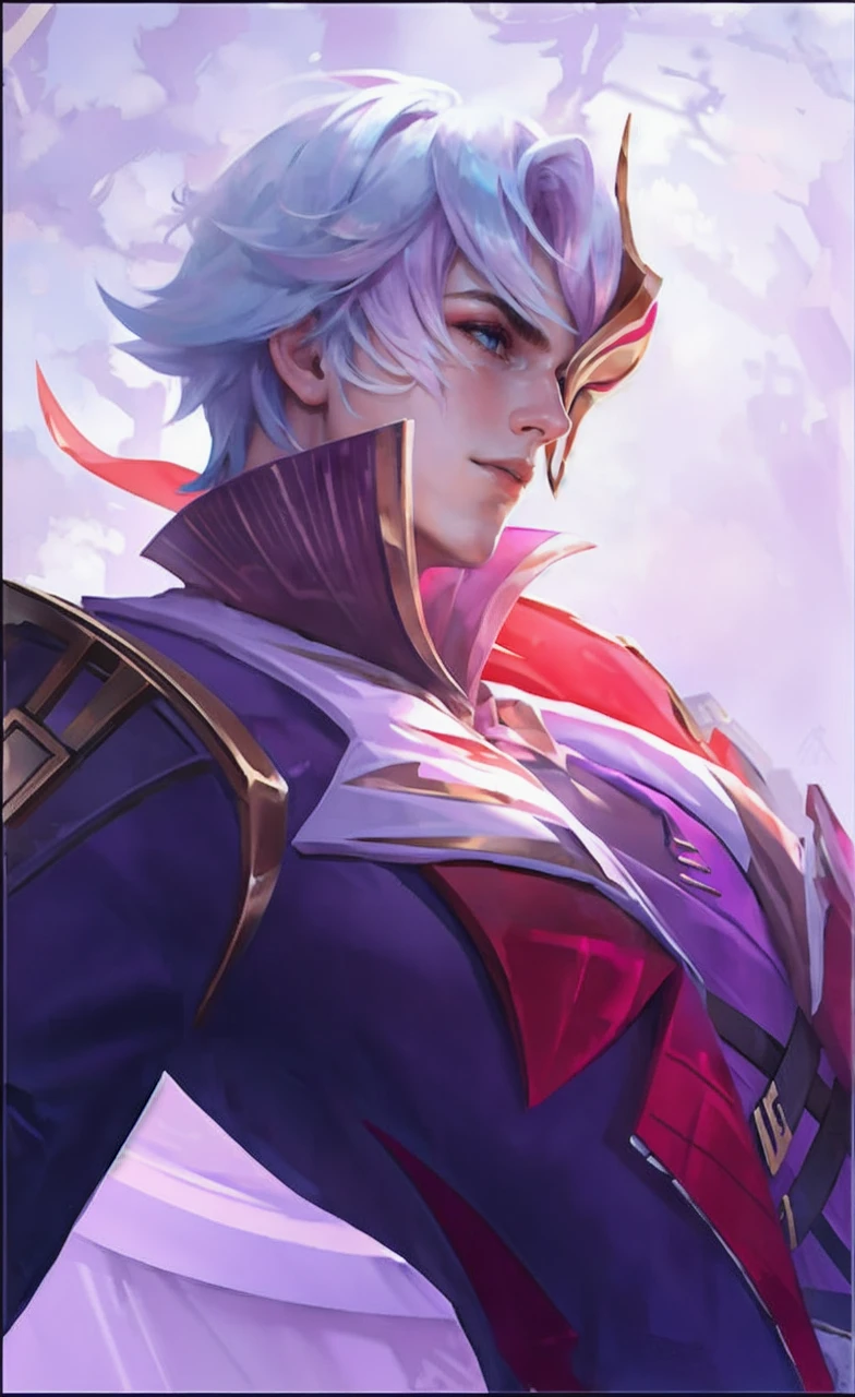 Young man with pink hair and short hair and purple eyes