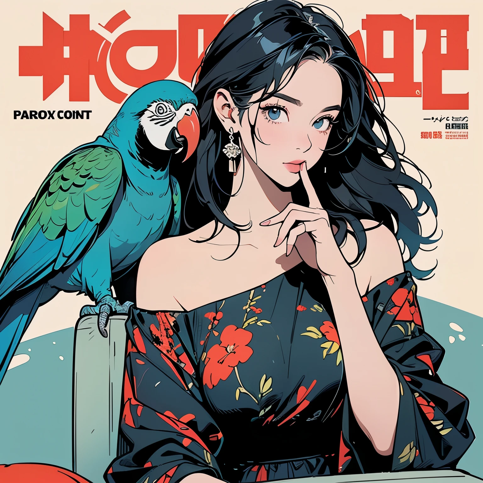 (((parrot sits on shoulder)))、(((Colorful parrot)))、(((The perfect parrot)))、(((detailed parrots)))、Only one woman、(((finger to mouth)))、Perfect Woman、(((Colorful ink splattered)))、(((Splattering paint)))、Black Dress、Top Quality、Masterpiece、Ultra Detail、(((Various Hair)))、Various angles、Detailed Hair、Complex Hair、Perfect hands、Detailed hands、(((Detailed fingers)))、(((Perfect Fingers)))、Black simple dress、Cowboy Shot、Made up of the golden ratio, Perfect composition, ultra HD, 8K, Real, Extremely detailed、Very artistic、Magazine cover