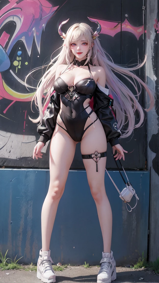 (best quality), masterpiece, Extremely detailed CG8K illustrations, High Color, Extremely High Color saturation, All colors are deepened, , Graffiti Art, Central Composition, Extremely detailed lighting, Graffiti Wall, Walls painted bright colors, 1 girl graffiti 1 girl looking at the wall, Very detailed face and eyes, Medium Length Hair, Sportswear, Colorful Clouds,All legs exposed。Big breasts