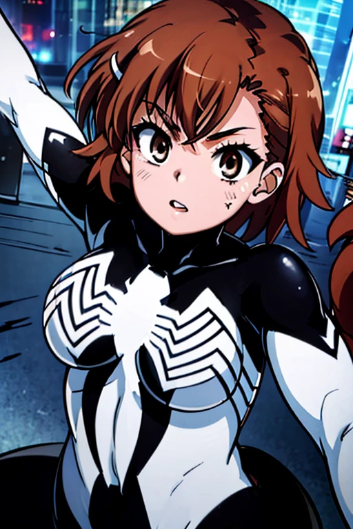 hyper detailed, ultra quality, super high res, professional anime style, best quality, ultra-detailed masterpiece, absurdres, beautiful detailed eyes, beautiful detailed lips, Room, hanging in mid air, perched on the wall, high above the floor, in wall crawling stance, spider man crouch, her fingers and toes gripping the surface effortlessly as she defied gravity. hooded bodysuit, spiderwoman , black bodysuit, sleek form-fitting black symbiote Spider-Woman suit, with a white spider emblem in her chest, long shoulder long white gloves and long thigh high white boots, head fully covered by black domino mask with big white eye lenses cover our eyes lenses with white visible one way see through patches fully covering our face as to not be recognized, her hair free out of the mask, beautiful eyes ,spiderwoman , black bodysuit,Misaka Mikoto/Sisters/Last Order, short medium length hair, brown hair, brown eyes, railgun, electromaster, beautiful eyes, beautiful lips, thin body, petite frame, small chest