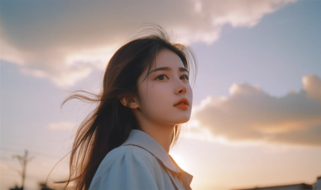 from side,1girl,Random expression,The setting sun,cloud,side,KODAK Ektar 100,raw,8K,32K