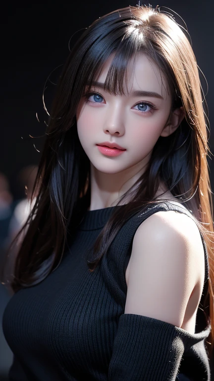 masterpiece, Highest quality, Very detailedな, To the camera, 複雑に詳細なVery detailedな, Realistic, Sharp features, Very detailed, Sharp focus, Perfect Face, Perfect Face, Perfect symmetry and perfect eyes, Perfect Plump Lips, Flexible female form, Cinematic, Film Light, Very detailedな, hyper Realistic, masterpiece, Atmospheric, High resolution, Vibrant, Dynamic Studio Lighting, ((Dark Background)), The expression when enduring pleasure, Straight bangs, Black sweater, I can see her cleavage、