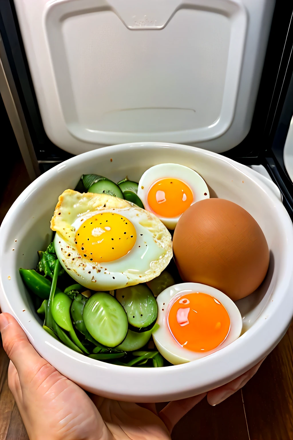 1. **Nutrient-Rich:** Eggs are packed with high-quality proteins, vitamins (like B12 and D), minerals (such as zinc and iron), and healthy fats.
2. **Complete Protein:** They contain all nine essential amino acids, making them a complete protein source that is easily absorbed by the body.
3. **Choline Source:** Eggs are one of the best dietary sources of choline, a nutrien
4. **Versatile Cooking Ingredient:** Eggs can be cooked in various ways—boiled, scrambled, fried, poached, and used in baking—making them incredibly versatile in the kitchen.
5. **Egg Size and Nutrition:** The size of an egg (e.g., small, medium, large) doesn't significantly affect its nutritional value; the differences are primarily in the amount of egg white and yolk.
6. **Shell Color:** Eggshell color (white or brown) is determined by the breed of the hen and doesn't affect quality, flavor, or nutritional content.
7. **Egg Yolk Color:** The color of the egg yolk can vary depending on the diet of the hen; a diet rich in green vegetables can result in a darker yellow or orange yolk.
8. **Egg Safety:** Proper cooking kills bacteria like Salmonella that can sometimes be found in raw eggs, making them safe to eat when cooked thoroughly.
9. **Storage:** Eggs should be stored in the refrigerator to maintain freshness and reduce the risk of contamination.
10. **Culinary Uses:** Besides being a breakfast staple, eggs are used in a wide range of dishes globally, from sauces and soufflés to desserts like custards and meringues.
These facts highlight the nutritional benefits, culinary versatility, and safety considerations of eggs in our diet.terpiece)), (detailed), Beautiful indian woman, thin saree,