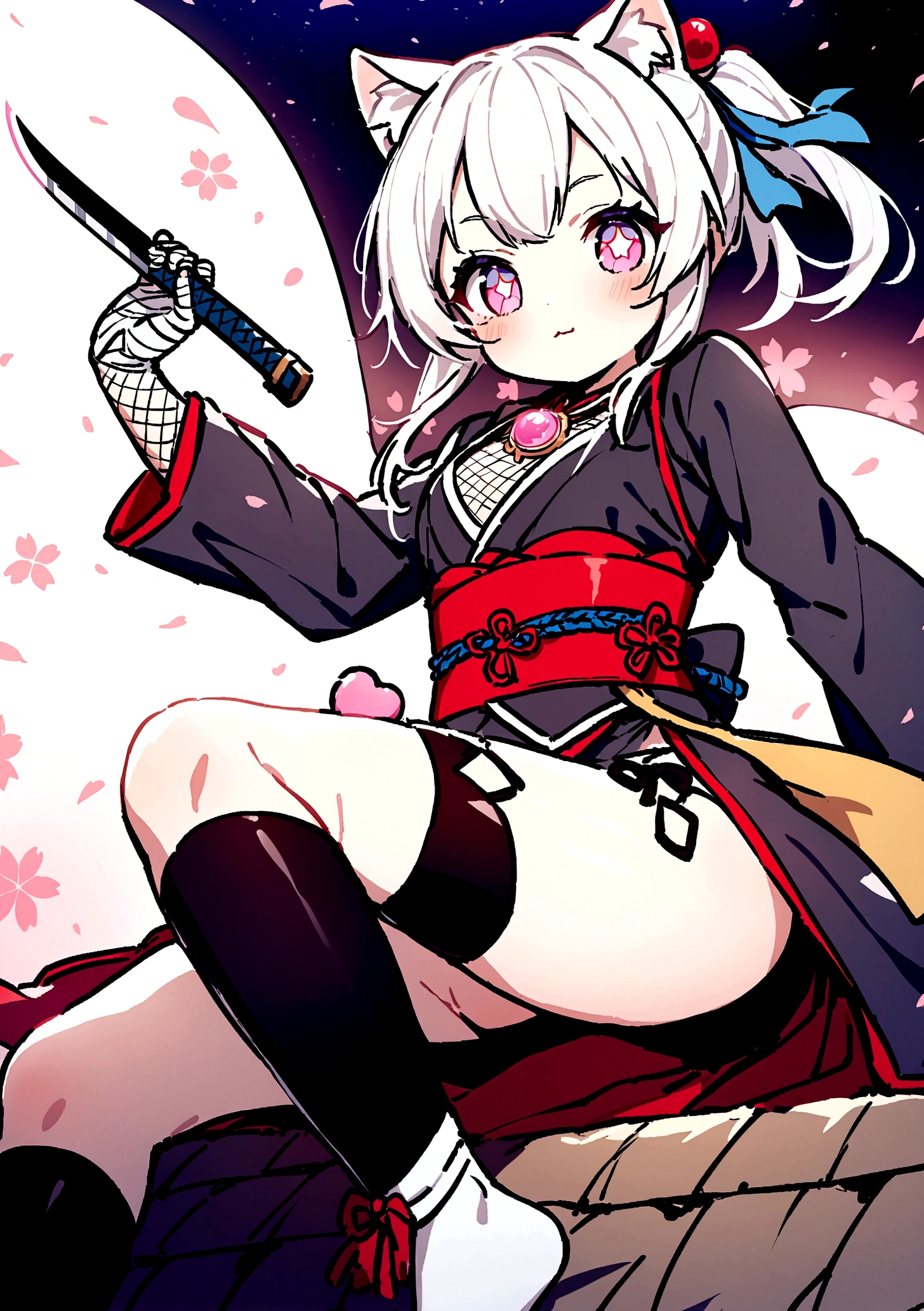Second Dimension,high quality,The background is the top floor,Gentle wind,There are several small trees,White and tender skin,High Detail,Cute girl ninja,Cat ear,White hair,Small tiger teeth,White tabi socks,Red and white striped gloves,The left hand holds a long cherry blossom handle sword,Pink cherry blossom pupils,Wearing an amulet,The thigh is tied with a decorative thin white bandage,The bandage is burning with pink flames,Red and white cherry blossom themed ninja costume,Cute expression,Out of the knife,Fishnet chest protector,A pink jade pendant is hung on the waist with a blue rope