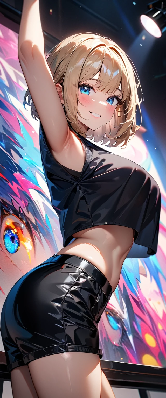 (((One girl))), blond hair, bob cut, big breasts, (cowboy shot), (looking at viewer), ((black shorts)), ((black crop top overhang)), face in focus, teenager, head tilt:1.3, (((blue eye))), ((happy smile)), ((blush)), arched back, ((arms up)), anime style, (best quality, 4k, 8k, highres, masterpiece:1.2, ultra-detailed, ultra-detailed eyes, HDR, UHD, studio lighting, ultra-fine painting, sharp focus, physically-based rendering, extreme detail description, professional, vivid colors, bokeh)