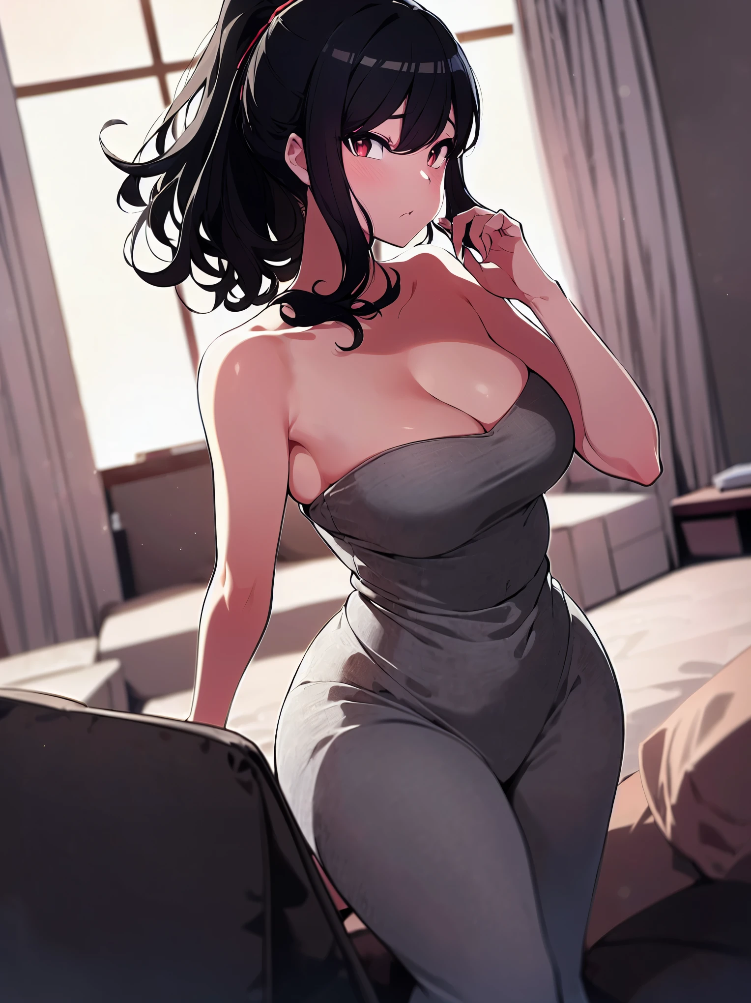 side view, (ultra-high resolution, depth of field:1.2), solo, 1woman, milf, plump, (black hair), short messy hair, ponytail, red eyes, (medium breasts), wide hips, (tight dress), (gray dress:1.4), strapless, black arm tattoo, squinting, serious, looking at the viewer, living room scenery, dimly lit