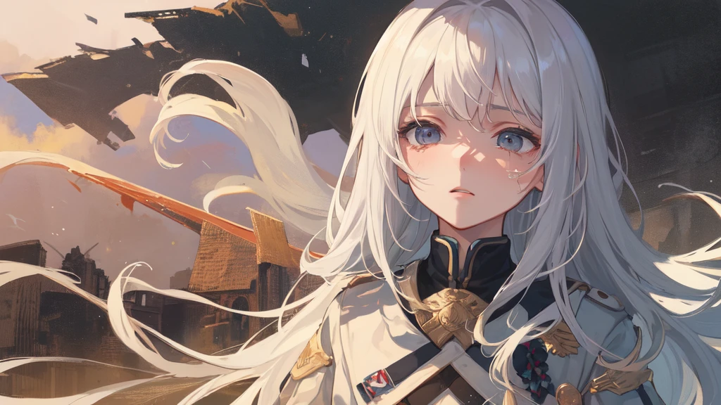 masterpiece:1.2), best quality , 独奏 ,pixiv, anime girl ,long straight white hair , black eyes ,Wearing off-white camouflage uniform ,ten years old,modern battlefield,(Eyes looking into the distance:1.3),(look away:1.5),snowy weather,dirty face,blood on forehead,dirty face,Backlight,Bare rocky peaks ,The expression is sad,leave tears,When the war situation seems to be developing for the better,,A girl wakes up from her deep sleep,She doesn't understand her own life、Not sure about the power in the body,As pure as white paper。At the same time, another soul is sleeping inside the girl's body.,it was an accident,It is also one of the waves that changes the world。Figures are smaller,Girl running hard on the snow