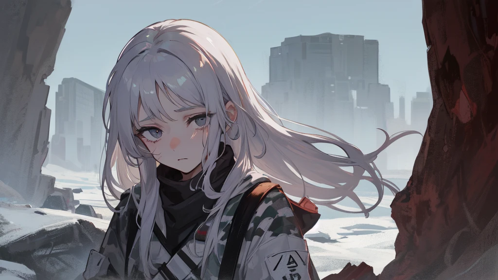 masterpiece:1.2), best quality , 独奏 ,pixiv, anime girl ,long straight white hair , black eyes ,Wearing off-white camouflage uniform ,,modern battlefield,(Eyes looking into the distance:1.3),(look away:1.5),snowy weather,dirty face,blood on forehead,dirty face,Backlight,Bare rocky peaks ,The expression is sad,leave tears,When the war situation seems to be developing for the better,,A girl wakes up from her deep sleep,She doesn't understand her own life、Not sure about the power in the body,As pure as white paper。At the same time, another soul is sleeping inside the girl's body.,it was an accident,It is also one of the waves that changes the world。Figures are smaller,Girl running hard on the snow