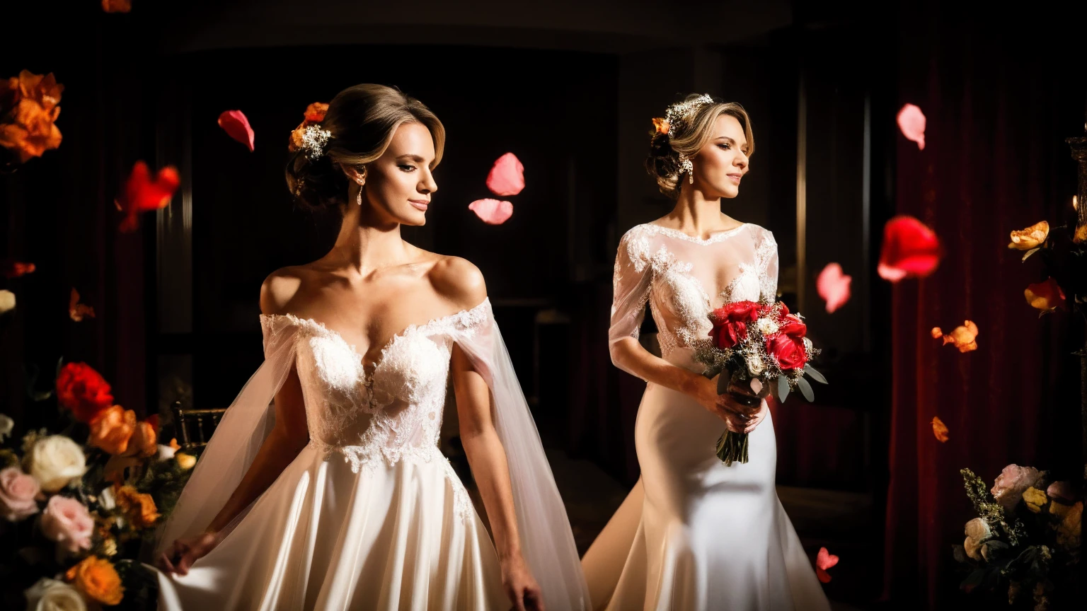 1girl in a black wedding dress,standing in the center of a wedding stage,spotlight on her,romantic atmosphere,extremely beautiful detailed facial features,exquisite makeup,holding a bouquet of flowers,girl looking down and kissing the flowers with tears,cinematic,slightly dark,8k,dramatic lighting,rose petals,ornate background,photorealistic,chiaroscuro,elegant,ethereal,intricate details