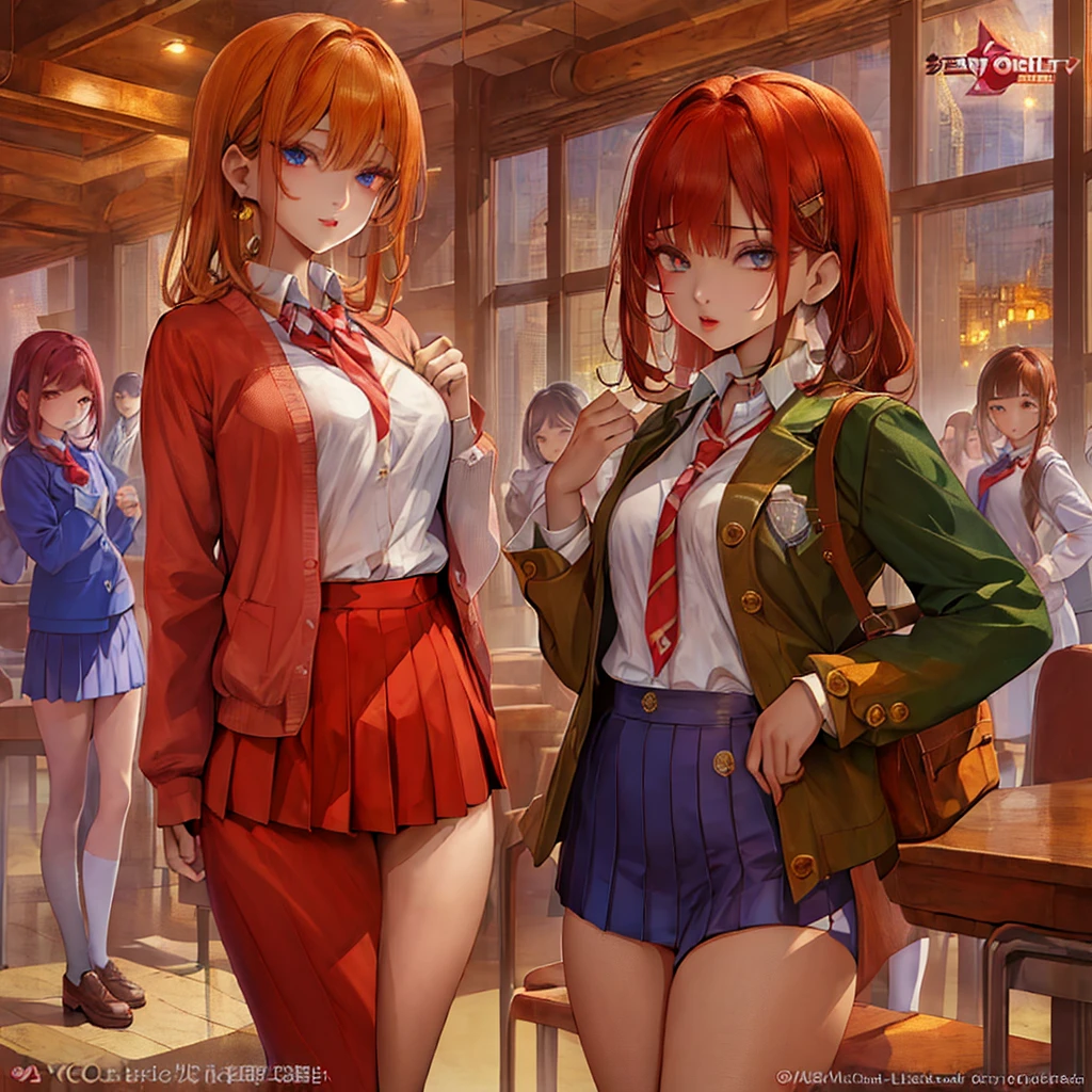 (masterpiece, top quality, best quality, official art), multiple girls, multiple different characters, school girls, school, sexy proportions, detailed face, mesmerizing eyes