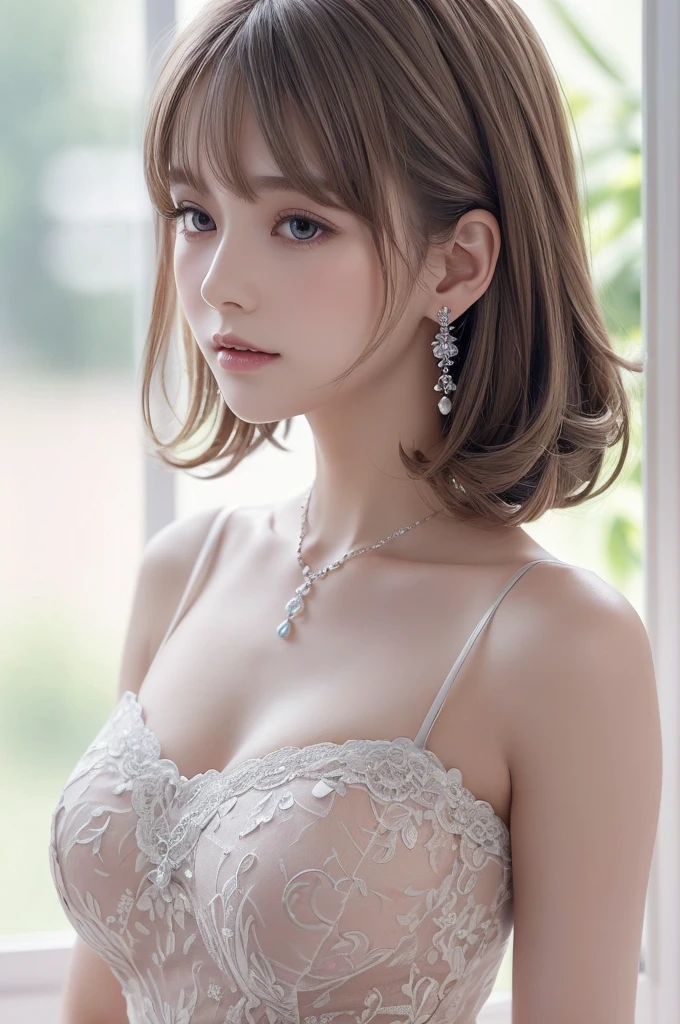 deeppink lace thong&Good, (((Very elegant and beautiful, Perfect detail, Super detailed))), whole body, The most detailed girl, Depth of written boundary, 美しく詳細なwhole body, Thin legs, 1 girl, 30 years old, Very short hair, Spiked Hair, Gray and silver hair, Beautiful detailed hair, Perfect Face, Expressionless, Beautifully detailed deep eyes, Open your mouth a little, Delicate arms and hands, Pale skin, Earrings, Beautiful and gorgeous necklace, Colorful background, HD background, Blurred Background, Very delicate and beautiful, Masterpiece, (((Highest quality, Very beautiful 8K CG wallpaper))), (((Trendy hairstyles))), (Inside the room,Stylish interior,window),