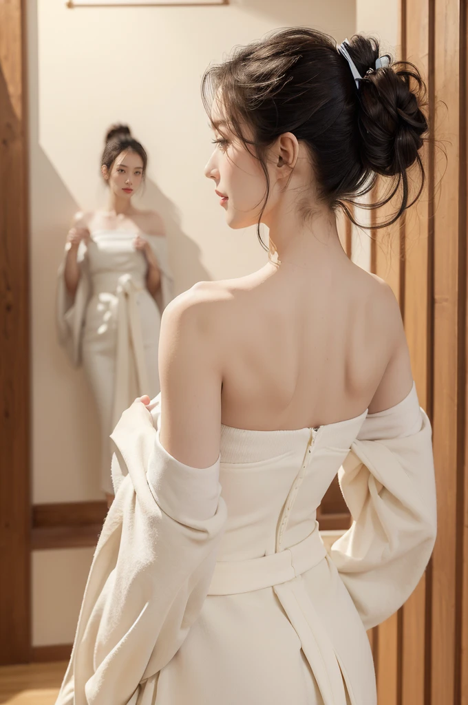 (((best quality))),(((ultra detailed))),(((masterpiece))),illustration,1girl,solo,short ponytail,slim,thin,((strapless,shoulder off,bare back,towering hips,butt crack)),white collar,white kendogi,three-quarter sleeves,maxi navy-blue kendo hakama,standing in kendo gym,focused and determined expression,ready for challenge,slender and elegant face,confident and resilient,fair skin,blush,neat teeth,bright smile,clean and tidy uniform,wooden gym floor,wall,pine scent,standard grip,ready to slice through obstacles,strong belief,determination,spirit of resilience,admiring,((from back,upper body))
