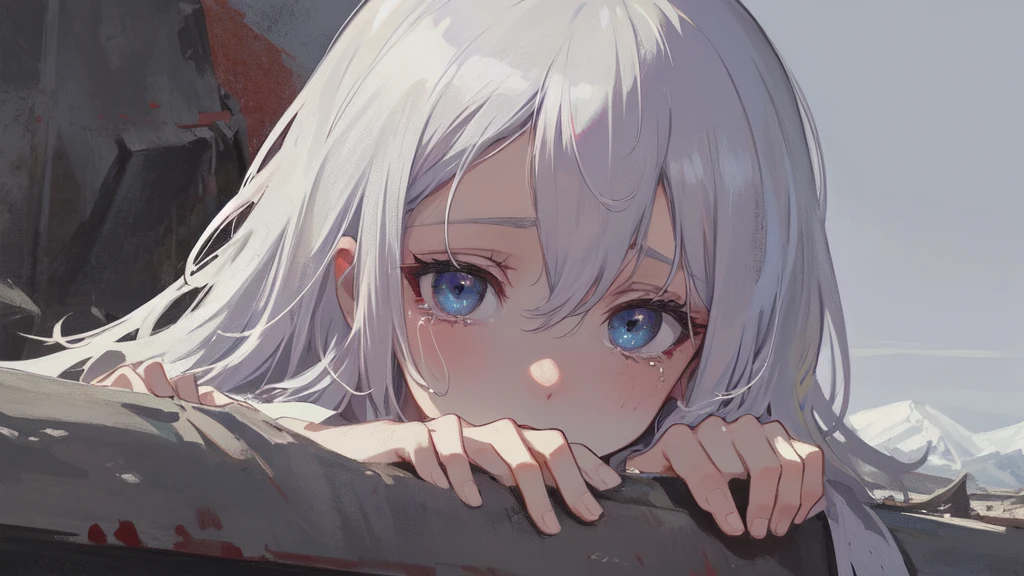 masterpiece:1.2), best quality , 独奏 ,pixiv, anime girl ,long straight white hair , black eyes ,Wearing off-white camouflage uniform ,ten years old,modern battlefield,(Eyes looking into the distance:1.3),(look away:1.5),snowy weather,dirty face,blood on forehead,dirty face,Backlight,Bare rocky peaks ,The expression is sad,leave tears,When the war situation seems to be developing for the better,,A girl wakes up from her deep sleep,She doesn't understand her own life、Not sure about the power in the body,As pure as white paper。At the same time, another soul is sleeping inside the girl's body.,it was an accident,It is also one of the waves that changes the world。Figures are smaller,Girl running hard on the snow