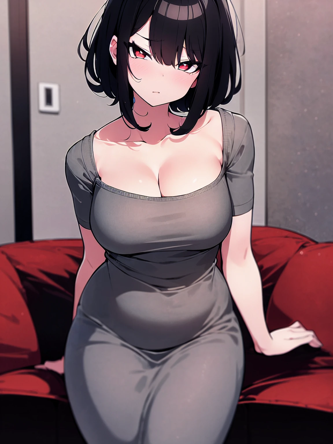 (ultra-high resolution, depth of field:1.2), solo, 1woman, milf, plump, (black hair), short messy hair, ponytail, red eyes, (medium breasts), wide hips, (tight dress), (gray dress:1.4), strapless, black arm tattoo, squinting, serious, looking at the viewer, living room scenery, dimly lit