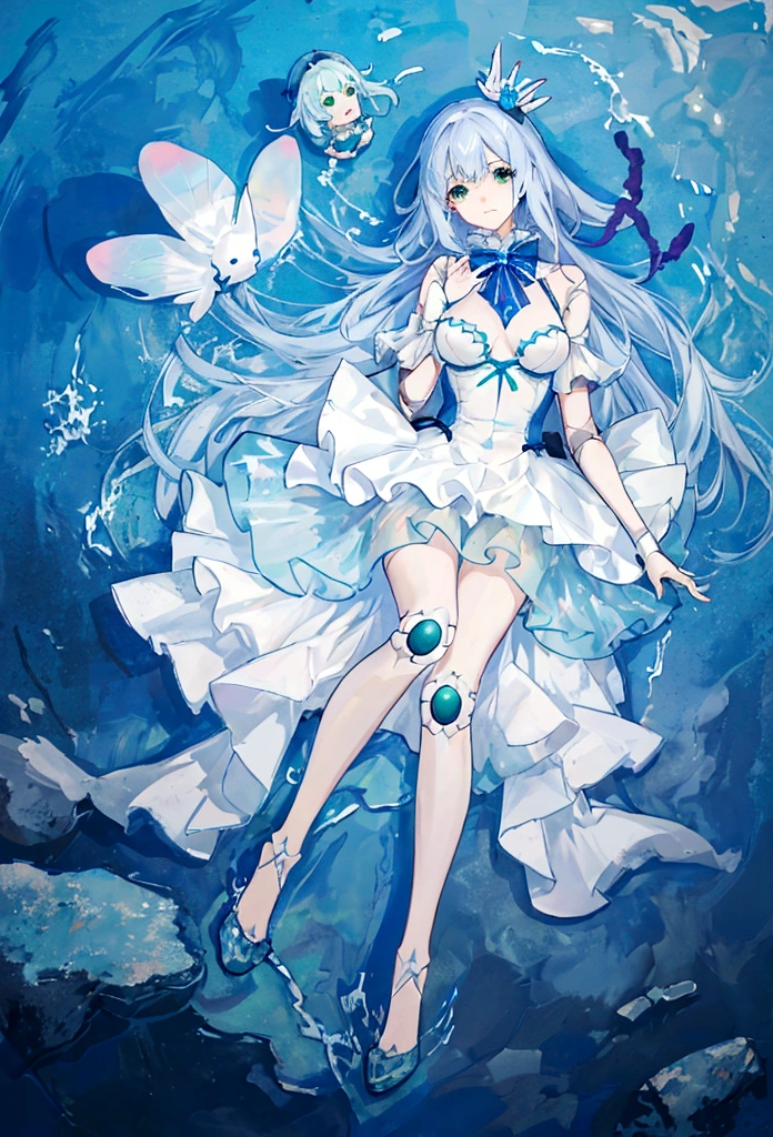 She swims gracefully in the beautiful blue sea with countless clownfish. light is shining from above, BJD, doll joints, doll joints, doll joints, BJD made of pure white glazed ceramics, full body, wide angle lens, A fantastic and aesthetic image, Large half-closed golden glass eyes, green very long hair, a thin and haggard face, face without makeup, The ball-jointed doll is modeled after a 18-year-old woman, European features, silk white long tube top dress, slender limbs, beautiful detailed face, focus on face, beautiful artwork, High-definition, 4k, 8k,