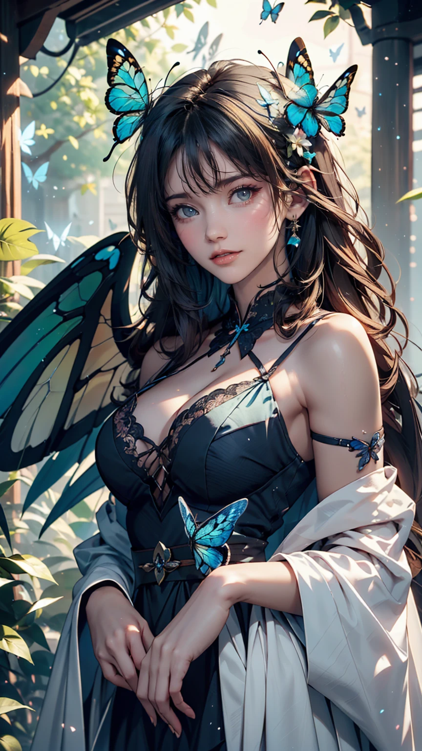 ((masterpiece)), (((Highest quality))), ((Very detailed)), colorful, High resolution, One girl, alone, Upper Body, Grey Hair,Green Eyes, Luo Tianyi (Midsummer),Midsummer, Black and purple dress, (Blue Butterfly), White butterfly wings