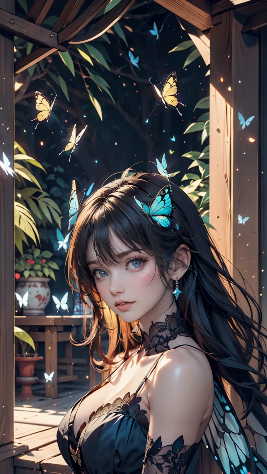 ((masterpiece)), (((Highest quality))), ((Very detailed)), colorful, High resolution, One girl, alone, Upper Body, Grey Hair,Green Eyes, Luo Tianyi (Midsummer),Midsummer, Black and purple dress, (Blue Butterfly), White butterfly wings