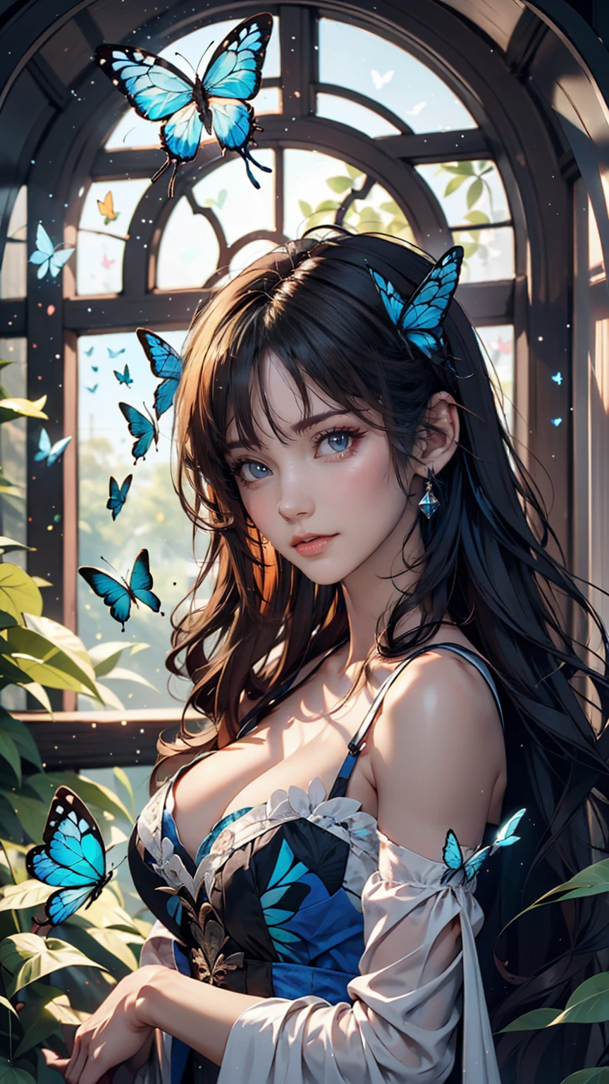 ((masterpiece)), (((Highest quality))), ((Very detailed)), colorful, High resolution, One girl, alone, Upper Body, Grey Hair,Green Eyes, Luo Tianyi (Midsummer),Midsummer, Black and purple dress, (Blue Butterfly), White butterfly wings