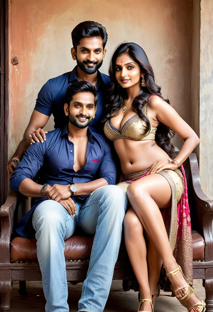 A 35 year old hot Indian women has slim hourglass figure and a 25 year man and woman is sitting on man's lap and the boy was pressing of this woman