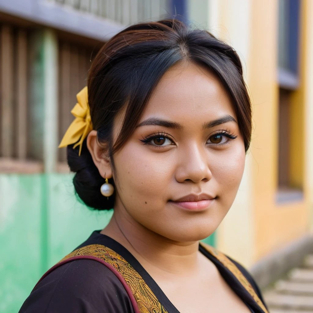 headshot photo of a javanese gamer woman, 25years old, brown skin, fat, looking at viewer, side view, school at the background