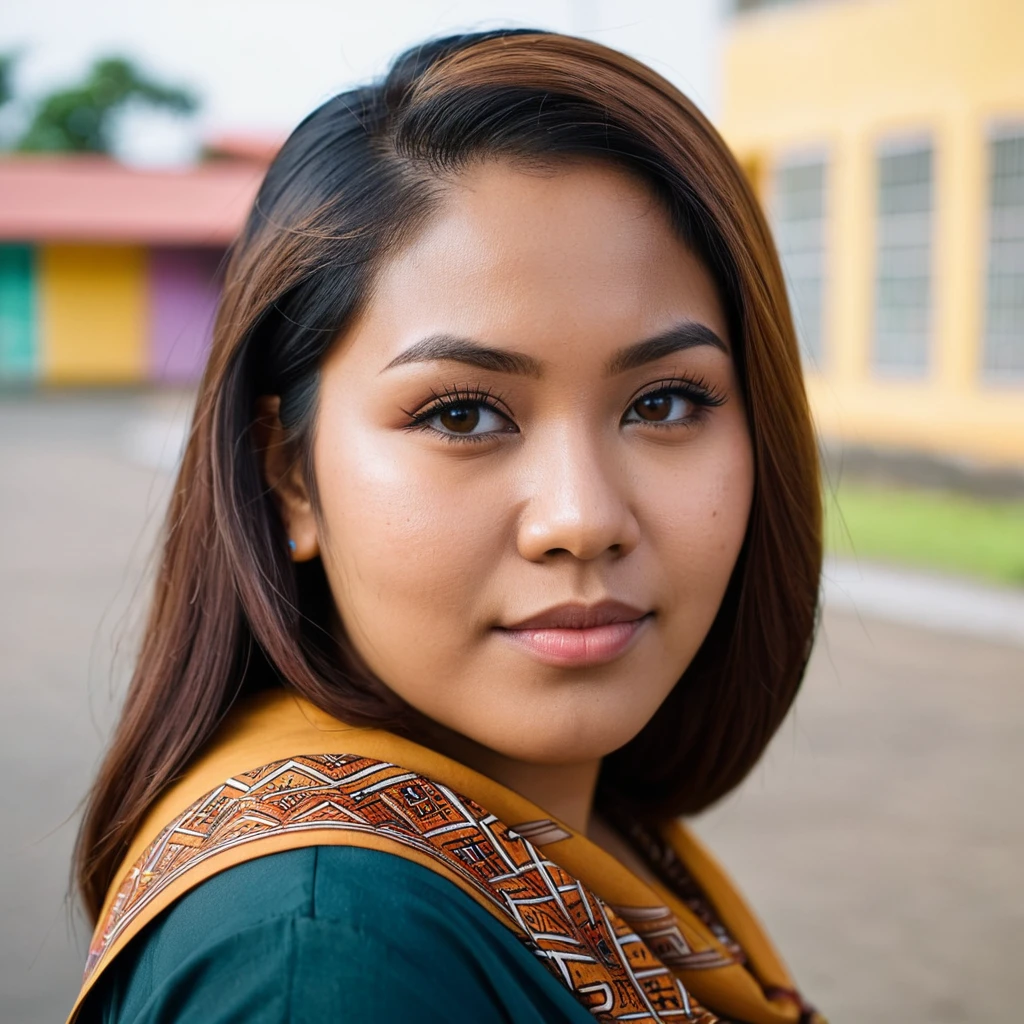 headshot photo of a javanese gamer woman, 25years old, brown skin, fat, looking at viewer, side view, school at the background