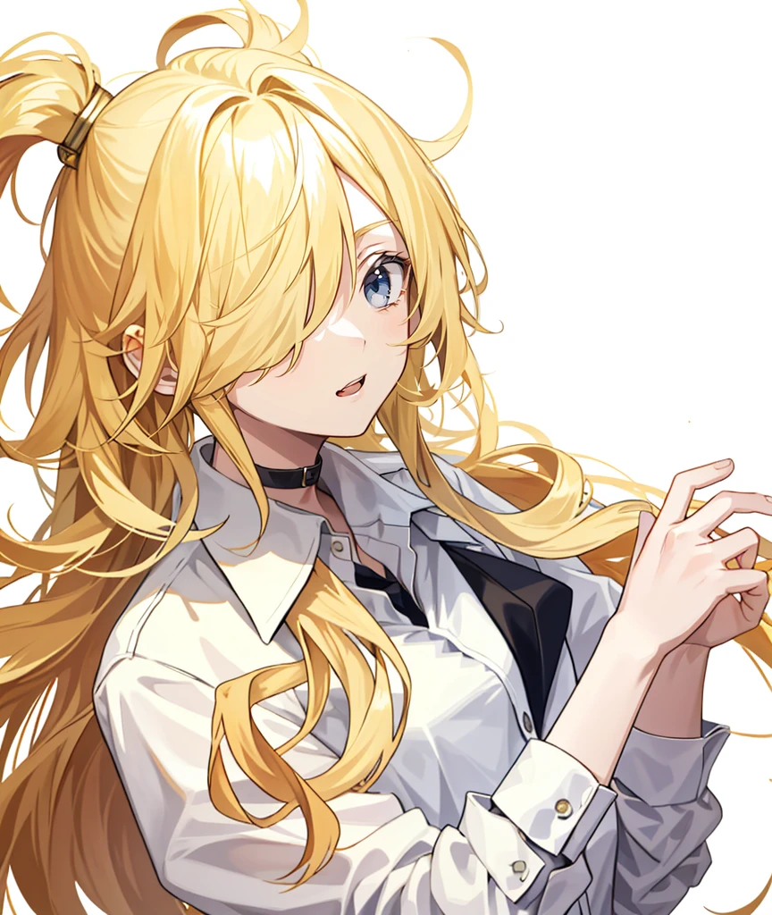 1 girl, 24 years old, hair over one eye, blonde hair, very long hair, open collar, collared shirt,