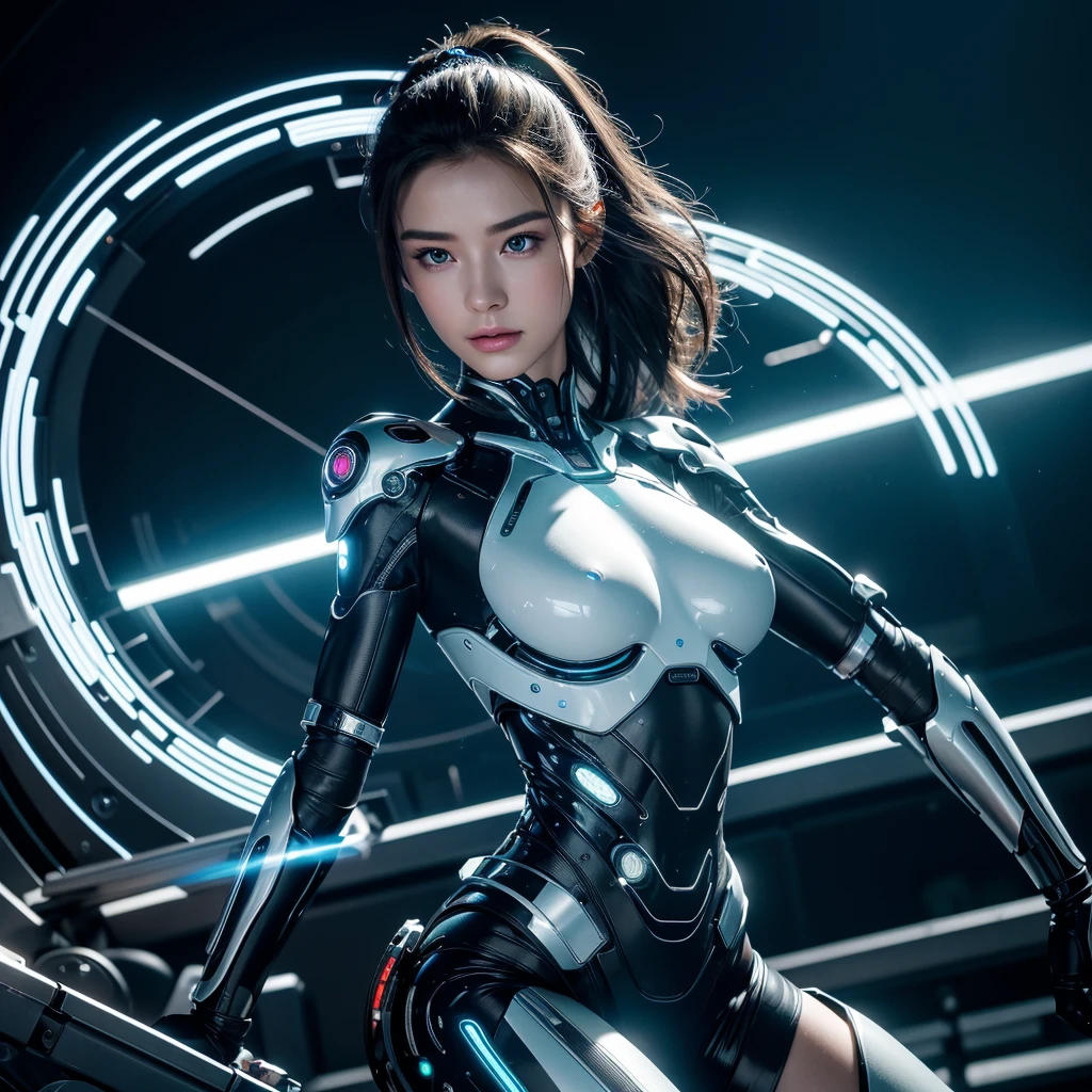 (Highest quality,4K,High resolution,masterpiece:1.2),Super detailed,(Realistic,photoRealistic:1.37), A breathtakingly beautiful female humanoid cyborg android, Porcelain-like skin, Striking eyes, Delicate features, Future SF, Complex Machinery部品, Glowing Cybernetic Implants, Graceful and graceful pose, hyper-Realistic, photoRealistic, masterpiece, 8K, Super detailed, Cinema Lighting, Dramatic Shadows, Vibrant colors, very saturated, Neon Highlights, Glowing Energy Field, Complex Machinery, Sleek and modern, State-of-the-art technology, Advanced AI, Seamless integration of organic and mechanical elements,whole body,