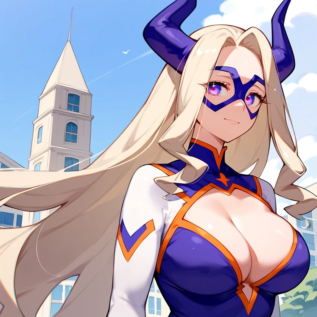 anime artwork, score_9, score_8_up, score_7_up, score_6_up, score_5_up, score_4_up, Mount Lady, blonde hair, purple eyes, big breasts, she is 24 years old, style_3, outdoors,