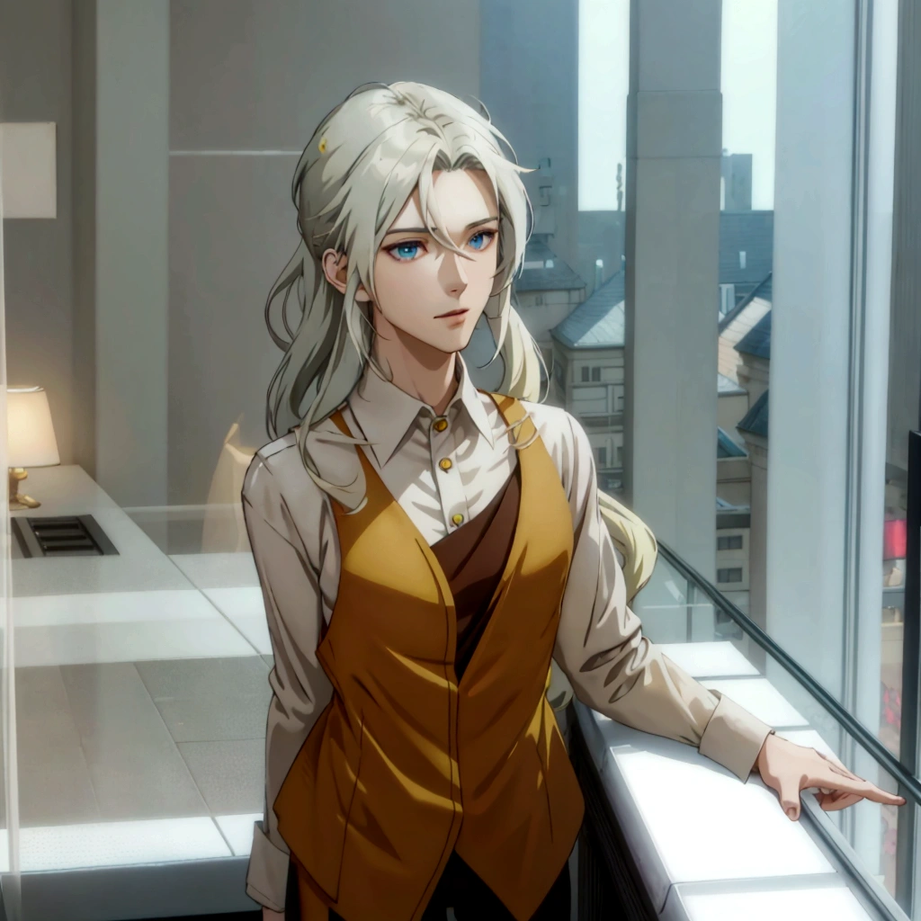 Anime characters with long hair and yellow vest standing in front of a window, Smooth anime CG art, Tall anime guy with blue eyes, Handsome anime pose, anime cgi style, as an Anime characters, male Anime characters, Anime VTuber Full Body Model, Anime characters, A delicate androgynous prince, main character, Anime-style 3D, Take a graceful pose