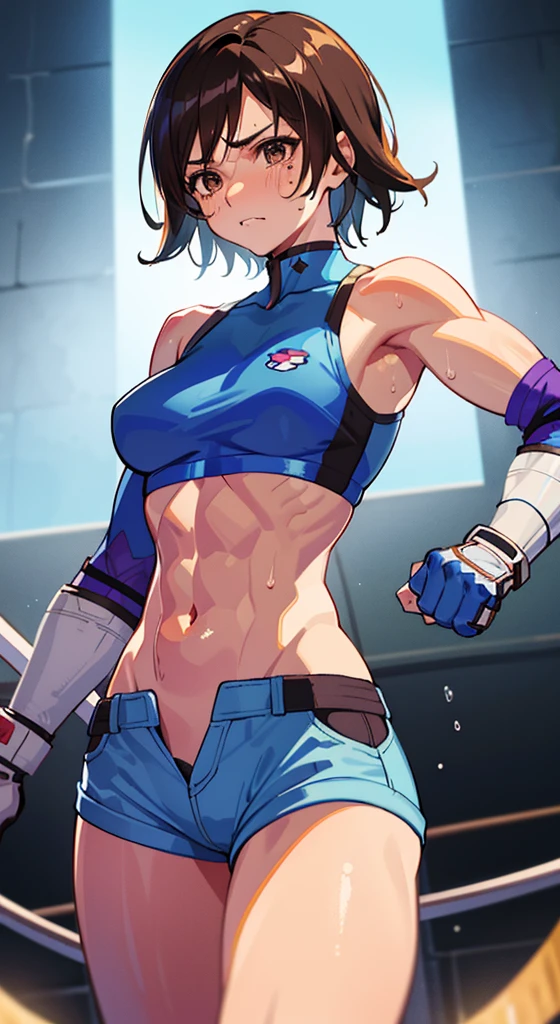 "(masterpiece、premium quality:1.2)、alone、1 girl(Asuka Kazama、muscular woman、short brown hair、white skin、brown eyes)、cowboy shot、Faint smile、combat readiness、tight clothes、good for sports、crop top、shorts、(gloves:1.1)、internal、elbow pad、abdomen、trained abdominal muscles、trained biceps、 Face full of scars、Skin shiny with sweat、 injured scared girl、 crying wet bursting out eyes, real tears streaming down face, ultra-detailed eyes,bandaid on face,covered with mud,expression of despair,Illumination that emphasizes shiny sweat{{{Spread }}},(crotch rope walking:1.0)