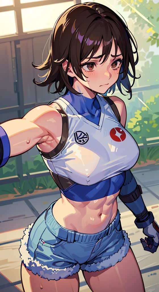 "(masterpiece、premium quality:1.2)、alone、1 girl(Asuka Kazama、muscular woman、short brown hair、white skin、brown eyes)、cowboy shot、Faint smile、combat readiness、tight clothes、good for sports、crop top、shorts、(gloves:1.1)、internal、elbow pad、abdomen、trained abdominal muscles、trained biceps、 Face full of scars、Skin shiny with sweat、 injured scared girl、 crying wet bursting out eyes, real tears streaming down face, ultra-detailed eyes,bandaid on face,covered with mud,expression of despair,Illumination that emphasizes shiny sweat{{{Spread }}},(crotch rope walking:1.0)