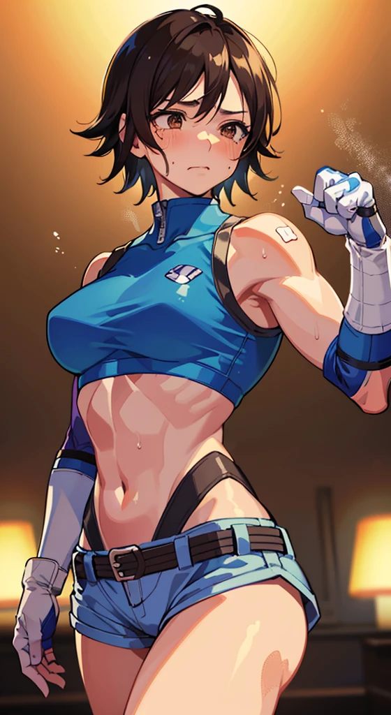 "(masterpiece、premium quality:1.2)、alone、1 girl(Asuka Kazama、muscular woman、short brown hair、white skin、brown eyes)、cowboy shot、Faint smile、combat readiness、tight clothes、good for sports、crop top、shorts、(gloves:1.1)、internal、elbow pad、abdomen、trained abdominal muscles、trained biceps、 Face full of scars、Skin shiny with sweat、 injured scared girl、 crying wet bursting out eyes, real tears streaming down face, ultra-detailed eyes,bandaid on face,covered with mud,expression of despair,Illumination that emphasizes shiny sweat{{{Spread }}},(crotch rope walking:1.0)