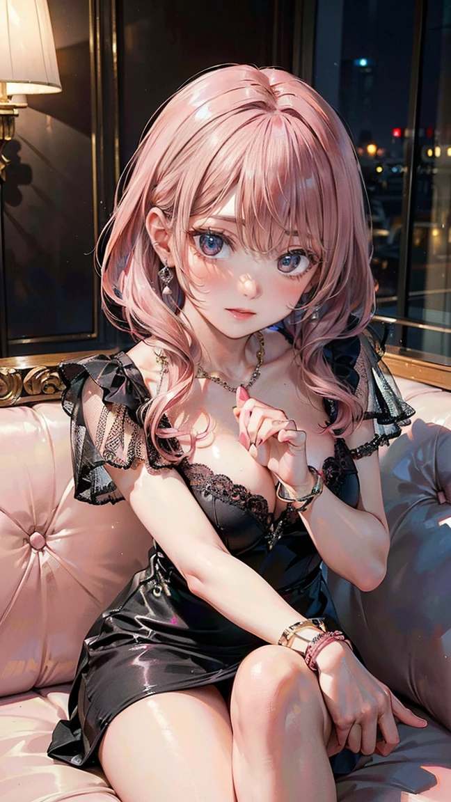 (Masterpiece, BestQuality:1.3), (ultra detailed:1.2), (hyperrealistic:1.3), (RAW photo:1.2), High detail RAW color photo, professional photograph, (Photorealistic:1.4), (realistic:1.4), professional lighting, perfect anatomy, (Big Breasts:1.2), (blush, detailed face), (cheerful Smile:1.5), (Pink Hair:1.5), Trending Hair&Trending Hairカラーをランダムに, earrings, necklace, bracelet, sexly, erotic sexly, Random sexy gravure poses, (A beautiful woman wearing a black dress in Gothic ta fashion、In an old church, her dress is open and her breasts are completely exposed.。: 1.3)