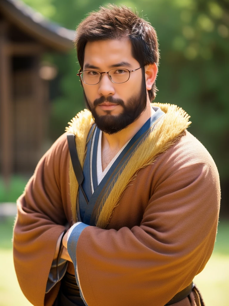 crew cut, (((full body))), mature man, [slightly fat], asian man, brown eyes, rounded face, glasses, slightly balding, (big shoulders), (((stubbles, Short beard))), (((full beard))), (Beautiful eyes:1.3), (Detailed face:1.3), image of a young samurai ronin: brave, masterful swordsmanship. He&#39;s standing on the horizon, ready for battle, piercing gaze and powerful figure express his readiness for protection and honor. The shine of the moon is reflected on his helmet, symbolizing his unwavering devotion and discipline. His posture is reminiscent of his formidable prowess in battle, willingness to shed blood for the sake of his code of honor