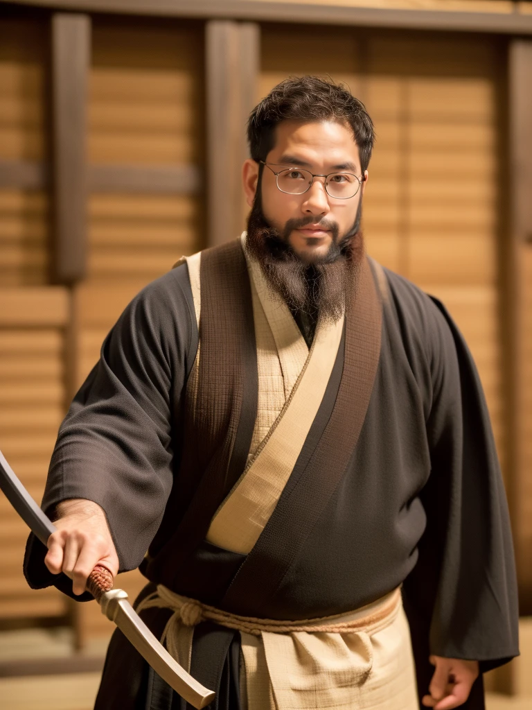 crew cut, (((full body))), mature man, [slightly fat], asian man, brown eyes, rounded face, glasses, slightly balding, (big shoulders), (((stubbles, Short beard))), (((full beard))), (Beautiful eyes:1.3), (Detailed face:1.3), image of a young samurai ronin: brave, masterful swordsmanship. He&#39;s standing on the horizon, ready for battle, piercing gaze and powerful figure express his readiness for protection and honor. The shine of the moon is reflected on his helmet, symbolizing his unwavering devotion and discipline. His posture is reminiscent of his formidable prowess in battle, willingness to shed blood for the sake of his code of honor