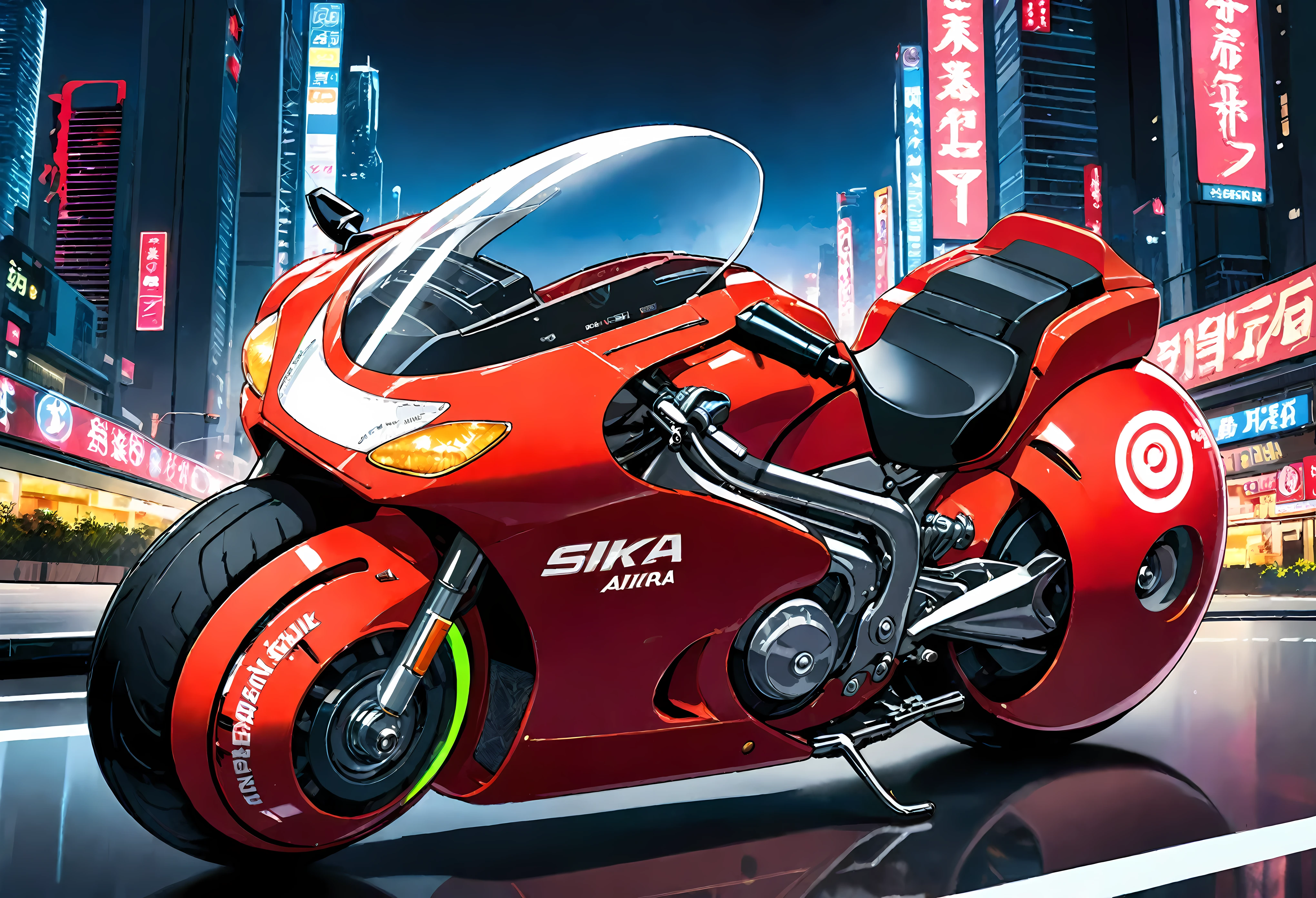 Create a detailed image of a futuristic motorcycle inspired by the iconic bike from the classic Akira manga/anime. The motorcycle should have a sleek, aerodynamic design with a low-slung, elongated body. It should feature a vibrant red color with a glossy finish. The front should have a curved, bubble-shaped windshield, integrated into the bike’s streamlined form. The wheels should be large and chunky, with a futuristic, almost hover-like quality. The front wheel is partially covered by an angular fender, while the rear wheel is exposed, showcasing intricate suspension and mechanical details. The bike should have detailed decals, including logos and futuristic text. The seat should be contoured for a single rider, blending seamlessly into the bike's body. The handlebars should be minimalistic, with advanced digital controls and displays integrated into the design. The background should be a neon-lit cityscape at night, with tall skyscrapers and futuristic elements, evoking a cyberpunk atmosphere.
