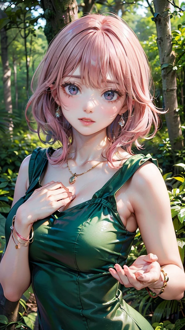 (Masterpiece, BestQuality:1.3), (ultra detailed:1.2), (hyperrealistic:1.3), (RAW photo:1.2), High detail RAW color photo, professional photograph, (Photorealistic:1.4), (realistic:1.4), (Pink Hair:1.5), professional lighting, perfect anatomy, (Big Breasts:1.2), (blush, detailed face), (cheerful Smile:1.5), Trending Hair&Trending Hairカラーをランダムに, earrings, necklace, bracelet, sexly, erotic sexly, Random sexy gravure poses, (A woman in a simple green dress in the woods、Have a relaxed look。With medium wave hairstyle、One hand touching a tree。:1.3)