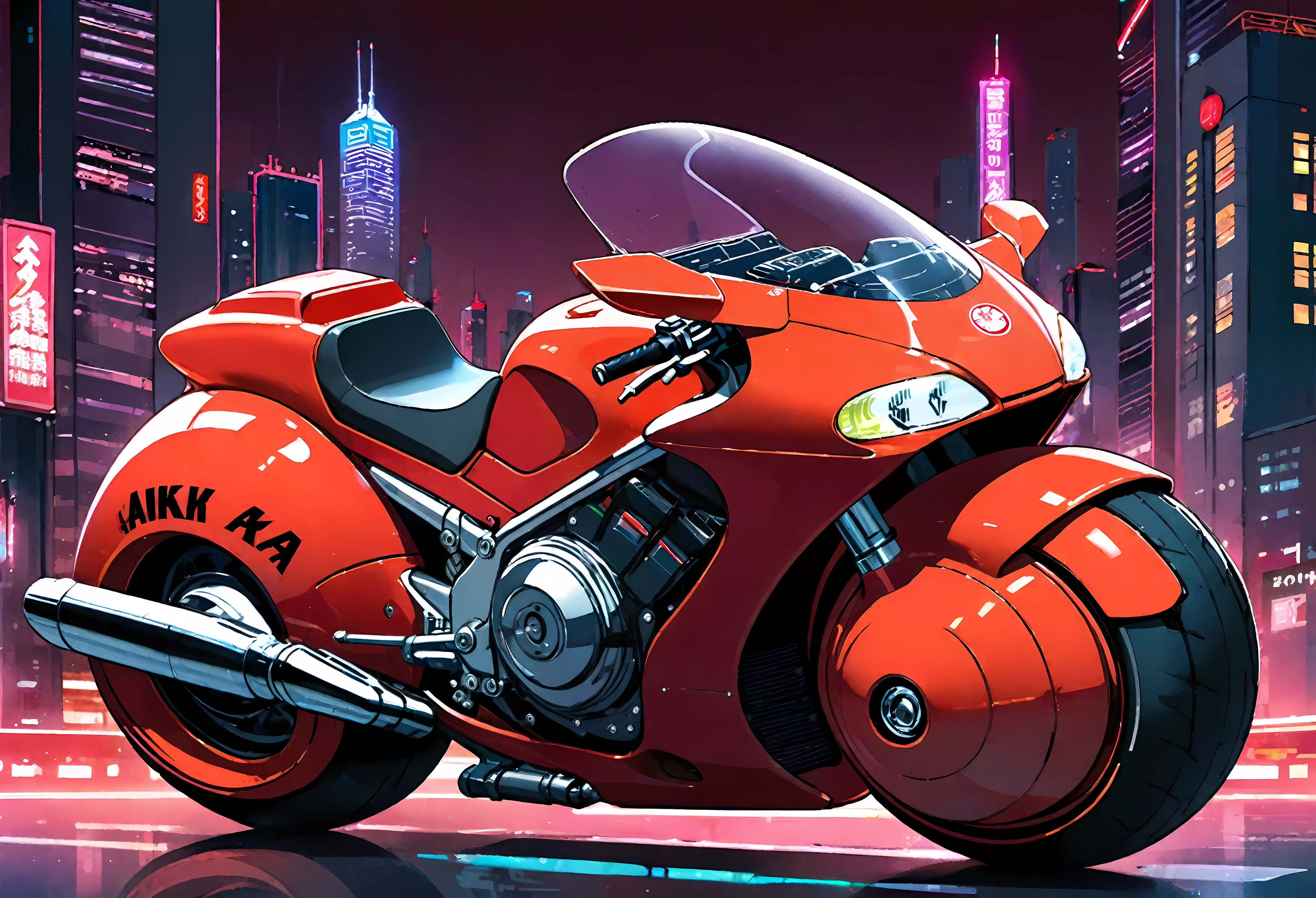 Create a detailed image of a futuristic motorcycle inspired by the iconic bike from the classic Akira manga/anime. The motorcycle should have a sleek, aerodynamic design with a low-slung, elongated body. It should feature a vibrant red color with a glossy finish. The front should have a curved, bubble-shaped windshield, integrated into the bike’s streamlined form. The wheels should be large and chunky, with a futuristic, almost hover-like quality. The front wheel is partially covered by an angular fender, while the rear wheel is exposed, showcasing intricate suspension and mechanical details. The bike should have detailed decals, including logos and futuristic text. The seat should be contoured for a single rider, blending seamlessly into the bike's body. The handlebars should be minimalistic, with advanced digital controls and displays integrated into the design. The background should be a neon-lit cityscape at night, with tall skyscrapers and futuristic elements, evoking a cyberpunk atmosphere.
