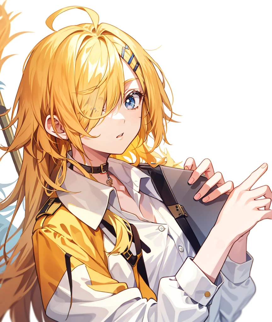 1 girl, 24 years old, hair over one eye, blonde hair, very long hair, open collar, collared shirt,