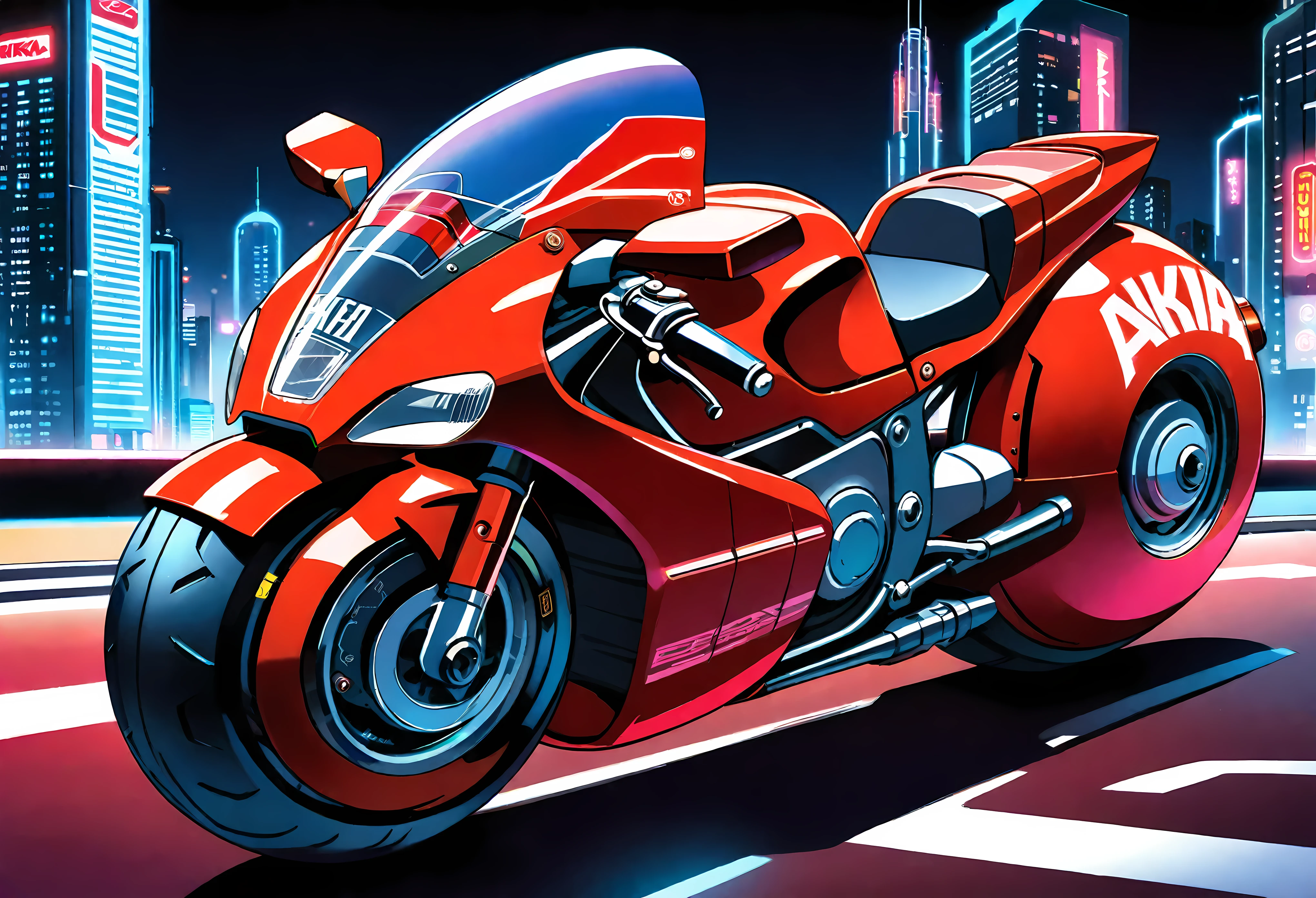 Create a detailed image of a futuristic motorcycle inspired by the iconic bike from the classic Akira manga/anime. The motorcycle should have a sleek, aerodynamic design with a low-slung, elongated body. It should feature a vibrant red color with a glossy finish. The front should have a curved, bubble-shaped windshield, integrated into the bike’s streamlined form. The wheels should be large and chunky, with a futuristic, almost hover-like quality. The front wheel is partially covered by an angular fender, while the rear wheel is exposed, showcasing intricate suspension and mechanical details. The bike should have detailed decals, including logos and futuristic text. The seat should be contoured for a single rider, blending seamlessly into the bike's body. The handlebars should be minimalistic, with advanced digital controls and displays integrated into the design. The background should be a neon-lit cityscape at night, with tall skyscrapers and futuristic elements, evoking a cyberpunk atmosphere.
