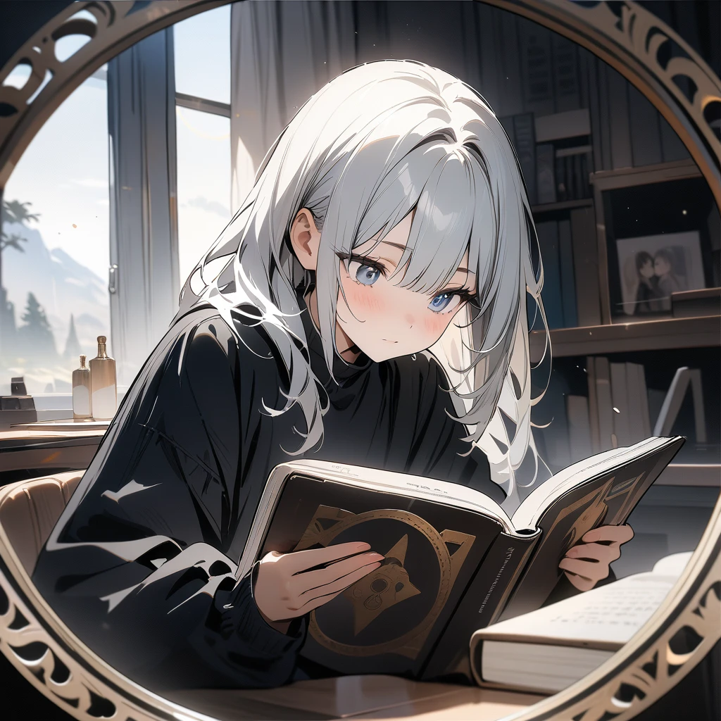 (masterpiece, best quality, circle frame1.7),1girl,, masterpiece art, reading book,icon,silver circle frame,