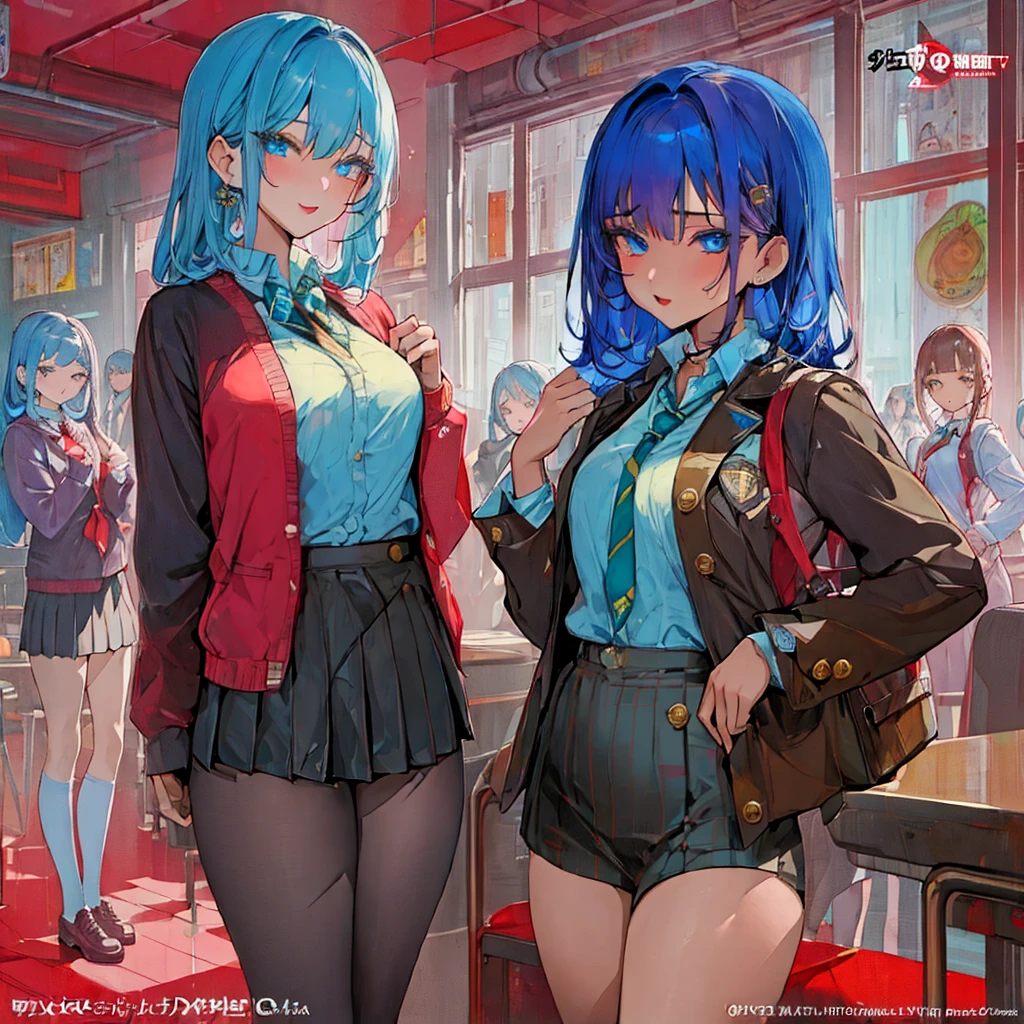 (masterpiece, top quality, best quality, official art), multiple girls, multiple different characters, school girls, school, sexy proportions, detailed face, mesmerizing eyes