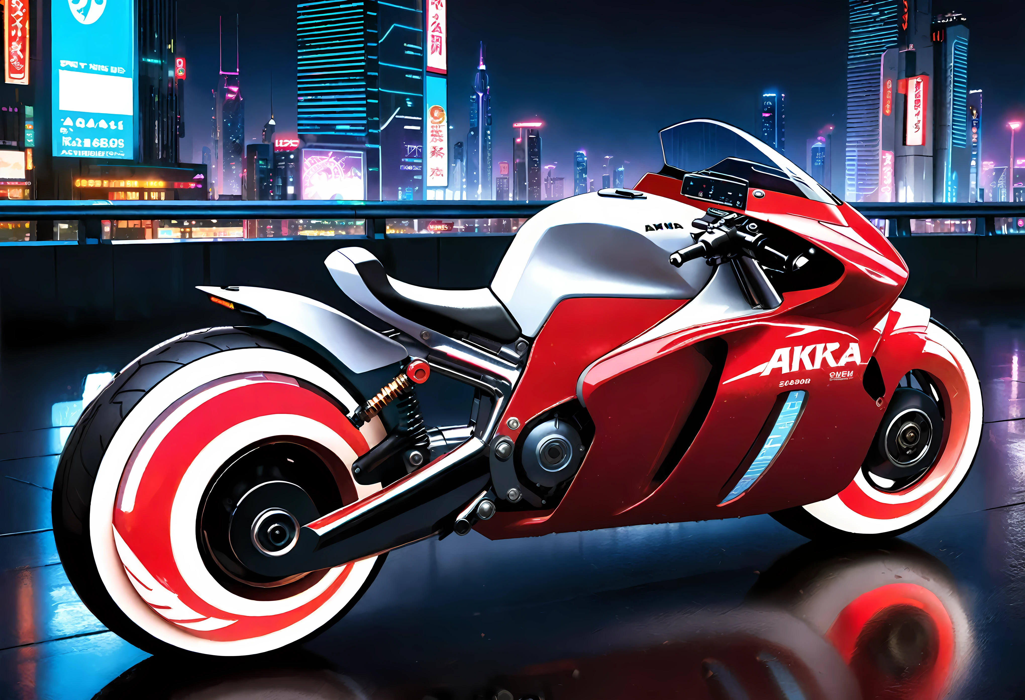 Create a detailed image of a futuristic motorcycle inspired by the iconic bike from the classic Akira manga/anime. The motorcycle should have a sleek, aerodynamic design with a low-slung, elongated body. It should feature a vibrant red color with a glossy finish. The front should have a curved, bubble-shaped windshield, integrated into the bike’s streamlined form. The wheels should be large and chunky, with a futuristic, almost hover-like quality. The front wheel is partially covered by an angular fender, while the rear wheel is exposed, showcasing intricate suspension and mechanical details. The bike should have detailed decals, including logos and futuristic text. The seat should be contoured for a single rider, blending seamlessly into the bike's body. The handlebars should be minimalistic, with advanced digital controls and displays integrated into the design. The background should be a neon-lit cityscape at night, with tall skyscrapers and futuristic elements, evoking a cyberpunk atmosphere.
