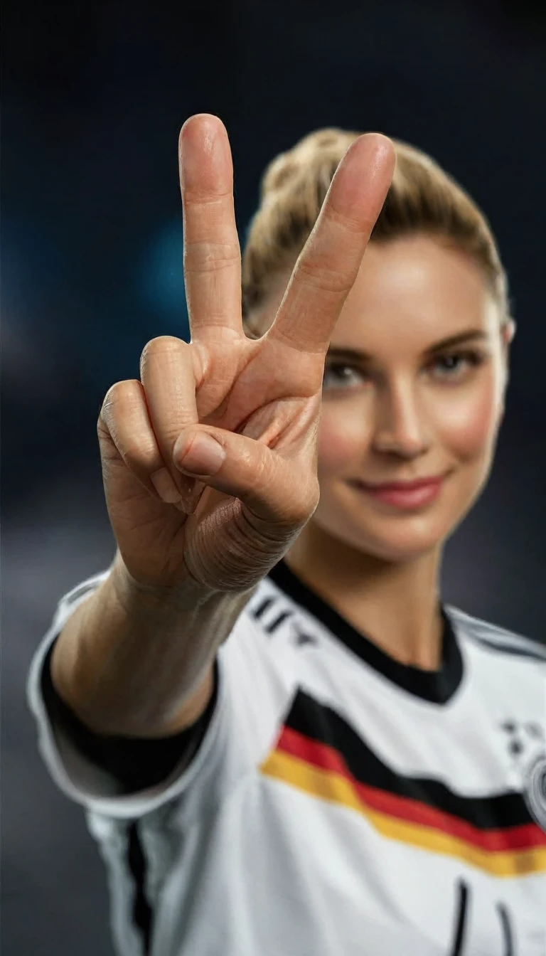 a realistic image of a human hand, which shows the Victory sign. The hand should be clean and well-groomed, with clearly defined fingers and nails. The skin color of the hand should have a natural tone. The hand position should clearly show the victory sign (an upward pointing index finger and middle finger, while the ring finger and little finger are folded in and the thumb slightly overlaps these two fingers) represent. The background should be neutral and blurred, so that the hand remains in focus. The picture should be taken in daylight, to create natural shadows and lights. Please mind that, that the proportions of the hand are correct and aesthetically pleasing."